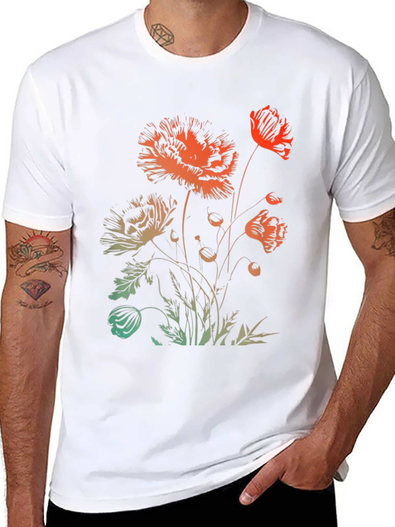 Floral Graphic Print Black Crewneck T-Shirt