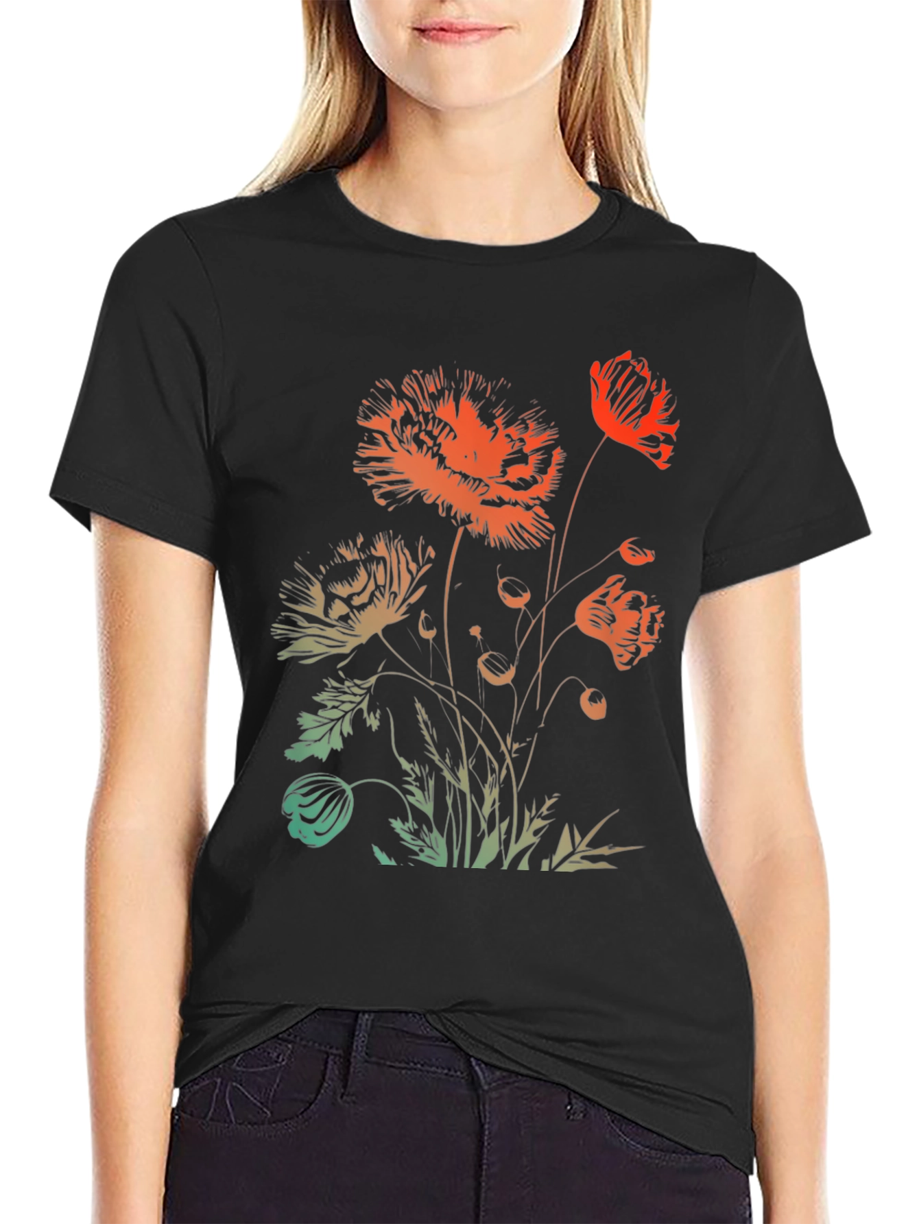 Floral Graphic Print Black Crewneck T-Shirt