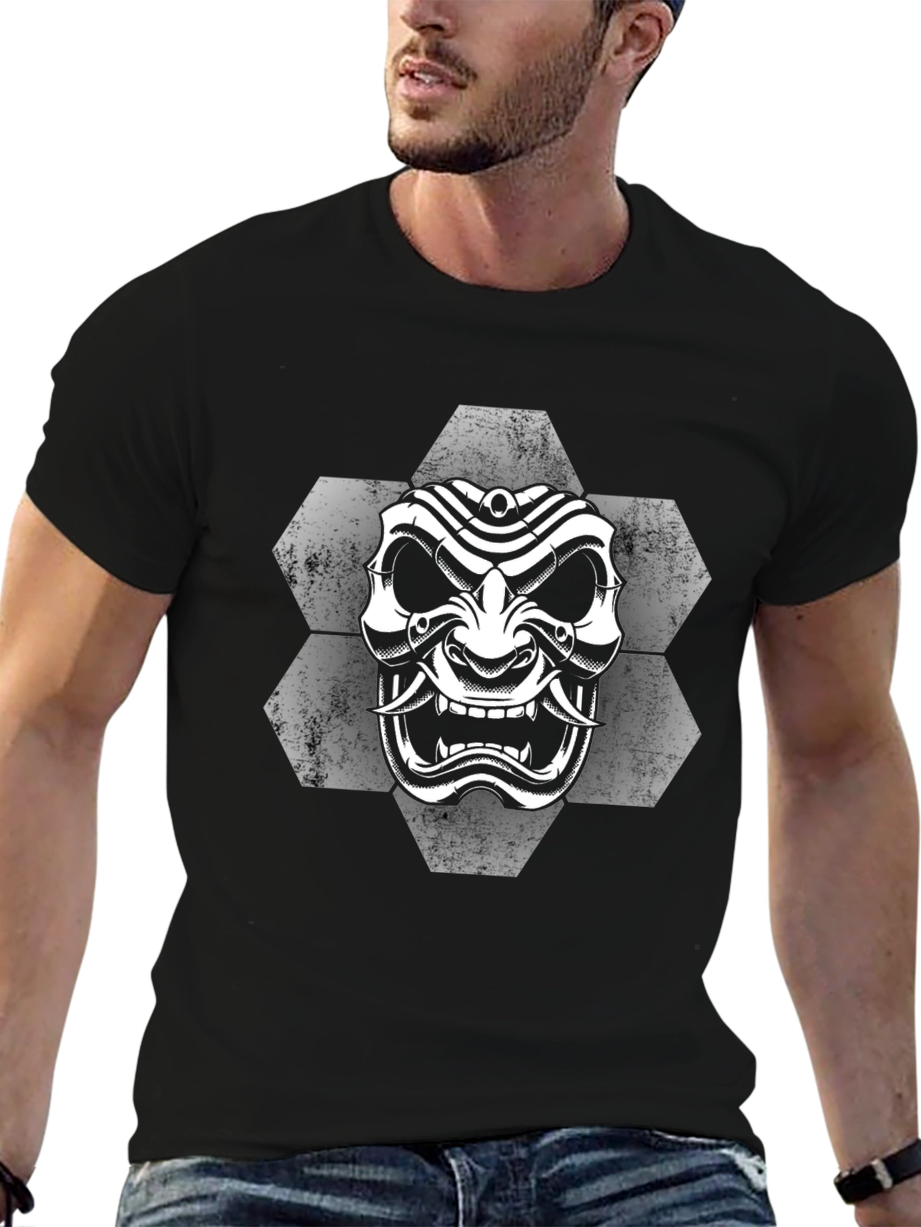 Samurai Mask Graphic Tee - Black Cotton T-Shirt