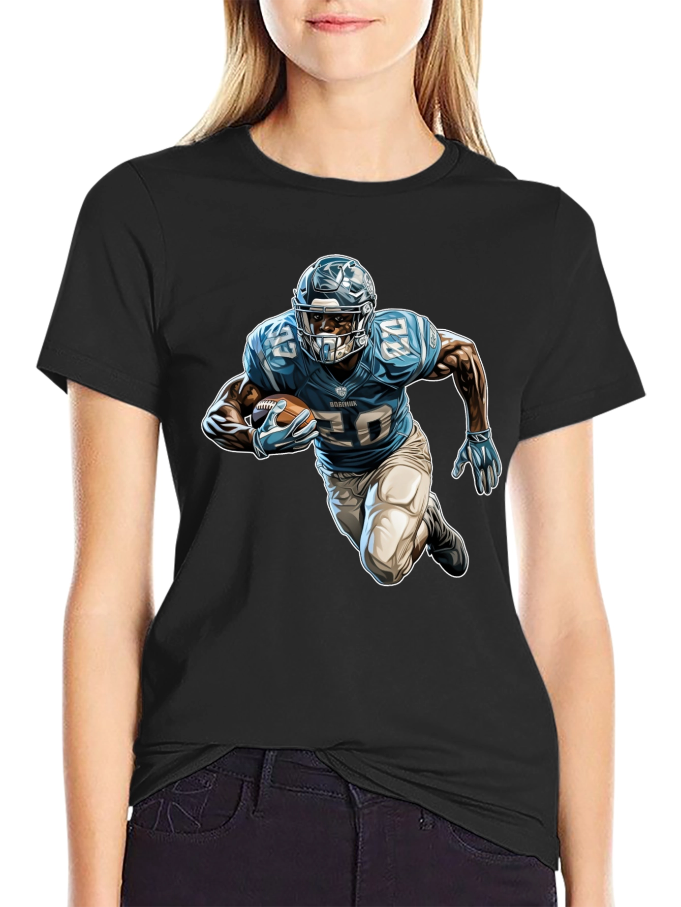 Football Player Graphic Tee - Black Cotton Blend