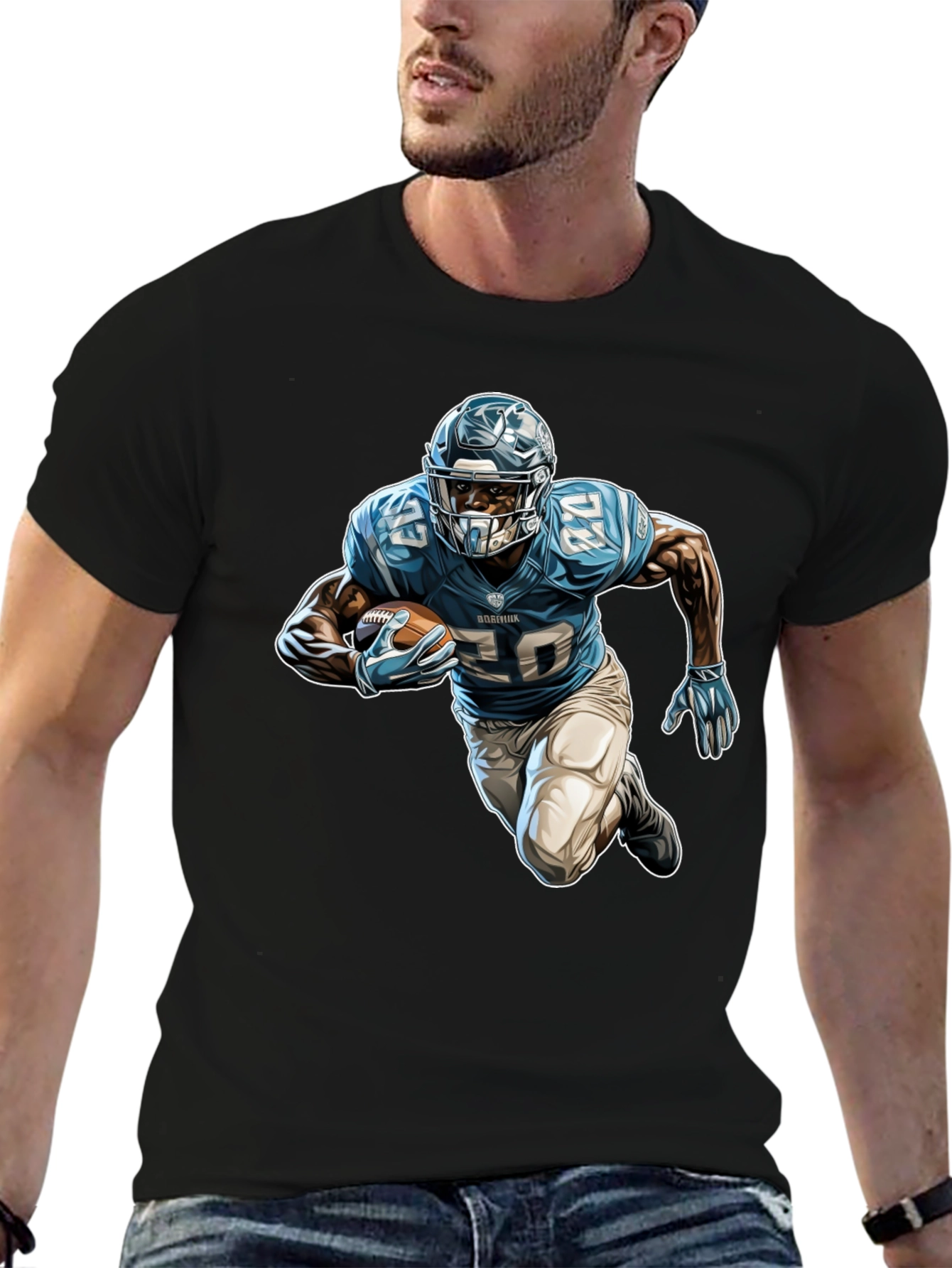 Football Player Graphic Tee - Black Cotton Blend
