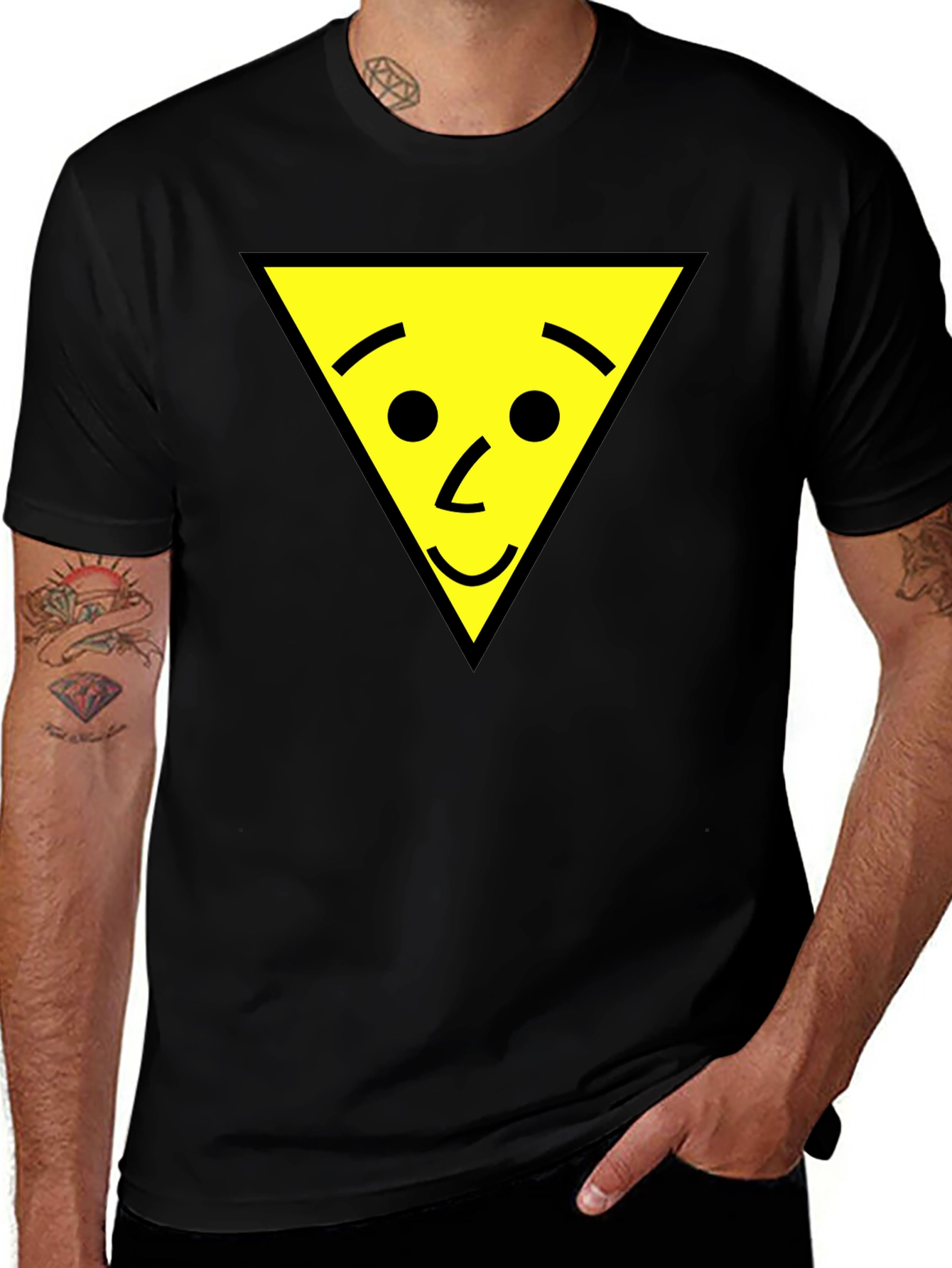 Funny Triangle Face Graphic Black T-Shirt