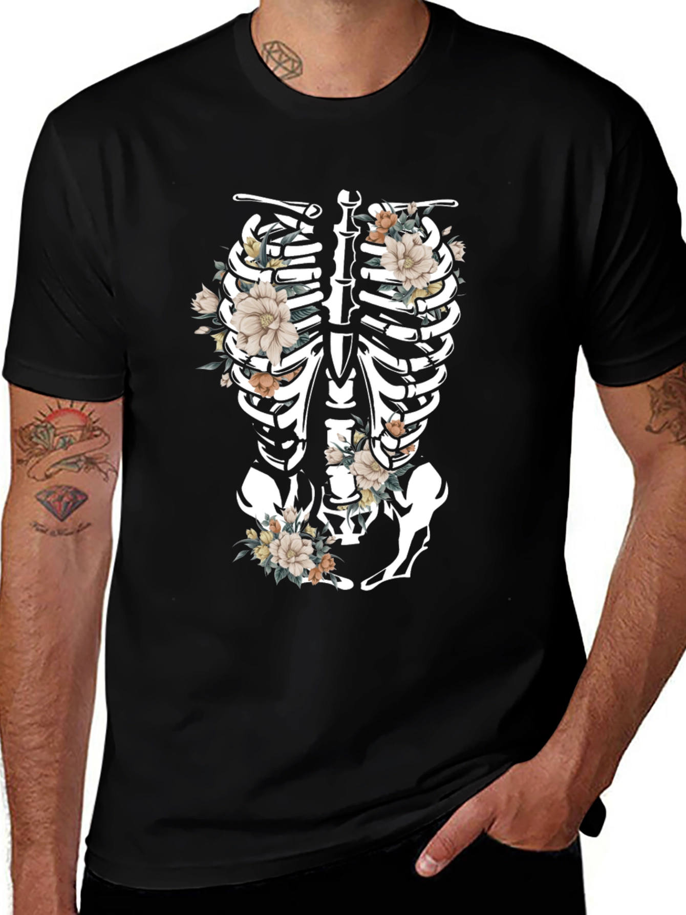 Floral Skeleton Rib Cage Graphic T-Shirt