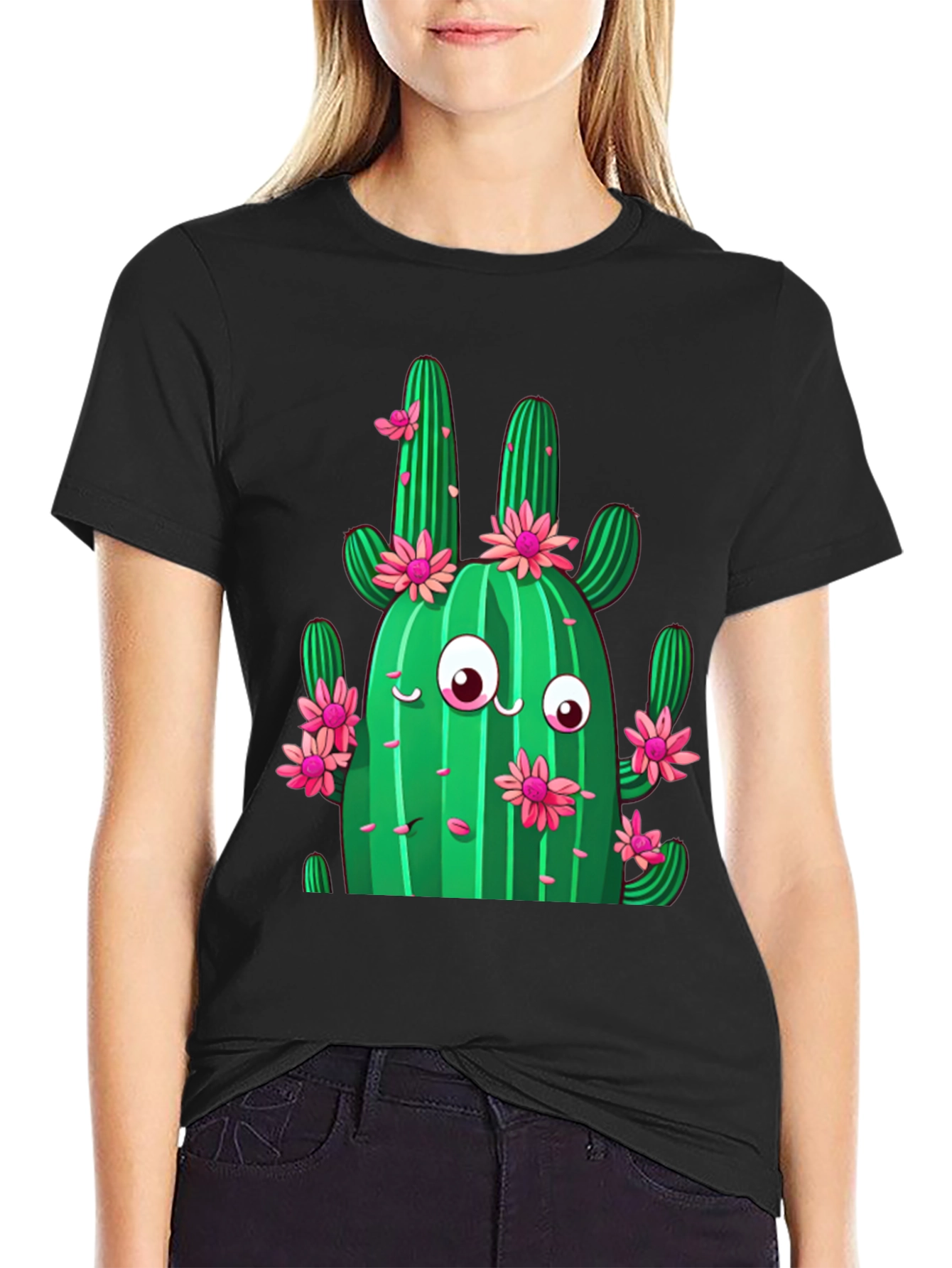 Cactus Flower Graphic Print Black T-Shirt