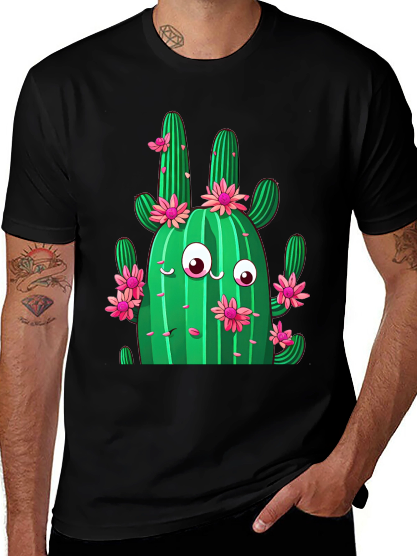 Cactus Flower Graphic Print Black T-Shirt