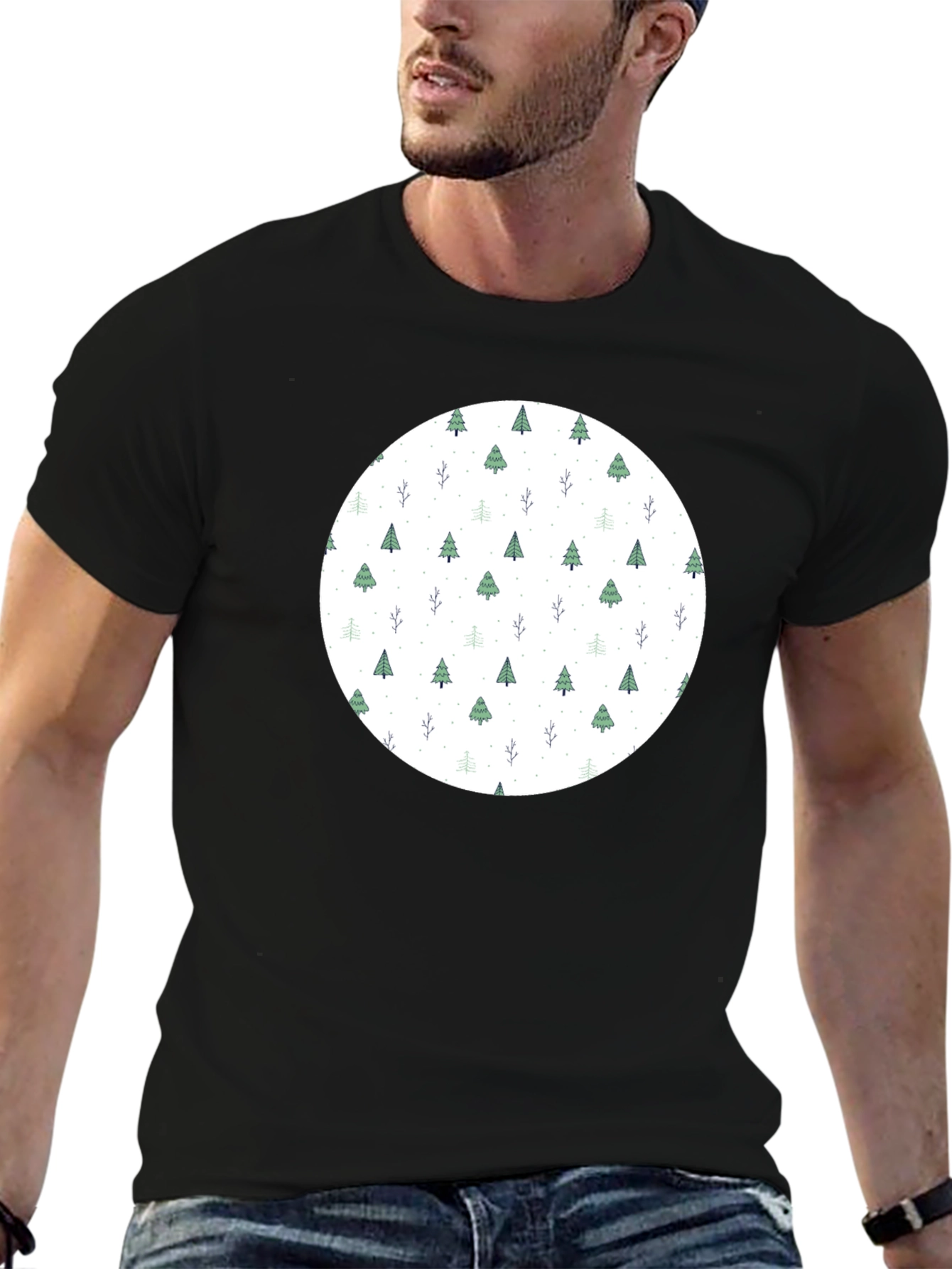 Festive Tree Pattern Black T-Shirt