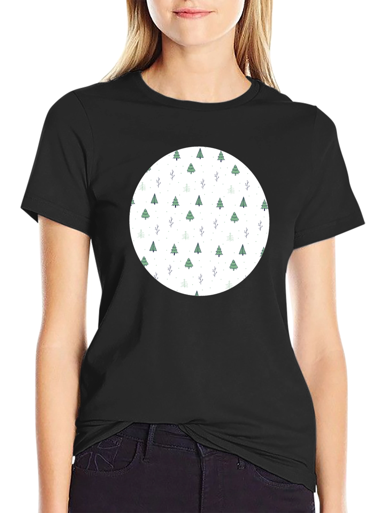 Festive Tree Pattern Black T-Shirt