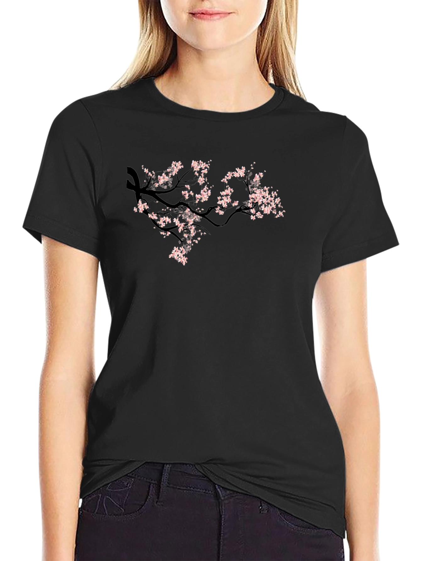 Black Tee with Cherry Blossom Branch Design