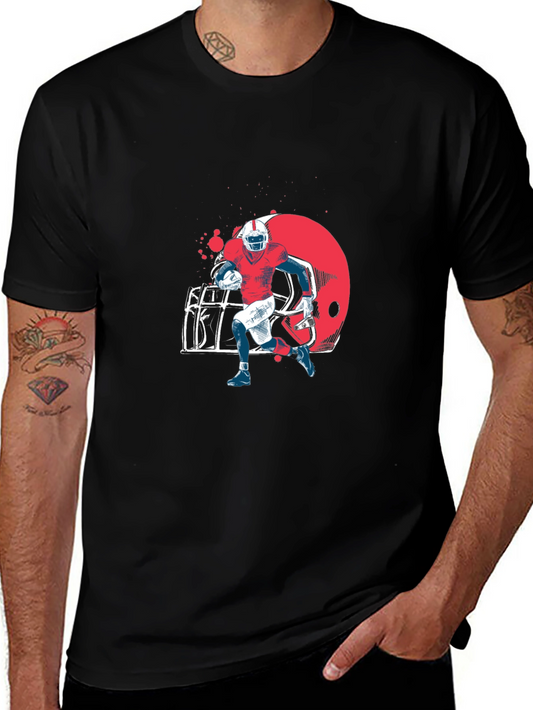 Football Player Graphic Tee - Black Cotton T-Shirt