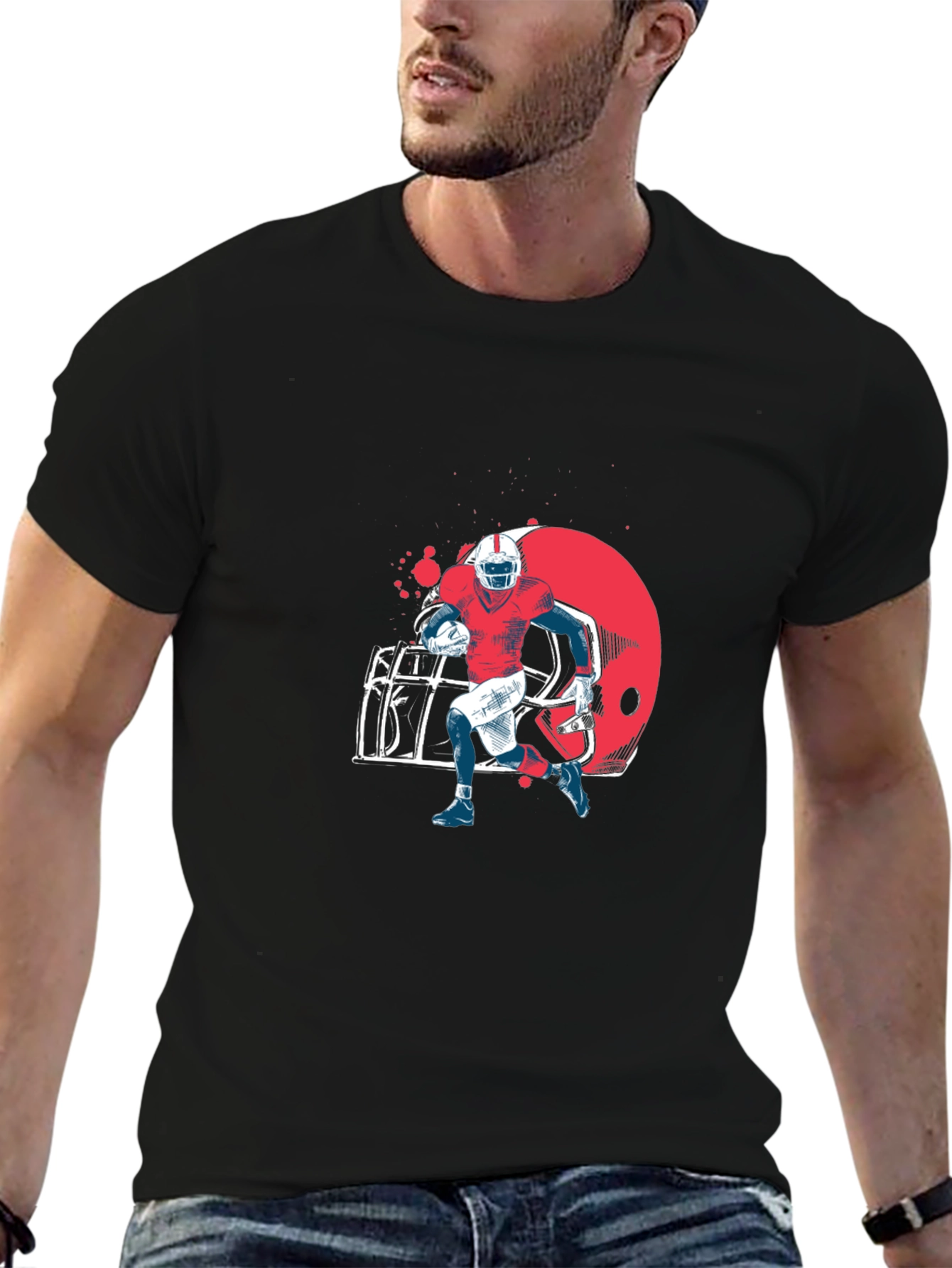 Football Player Graphic Tee - Black Cotton T-Shirt