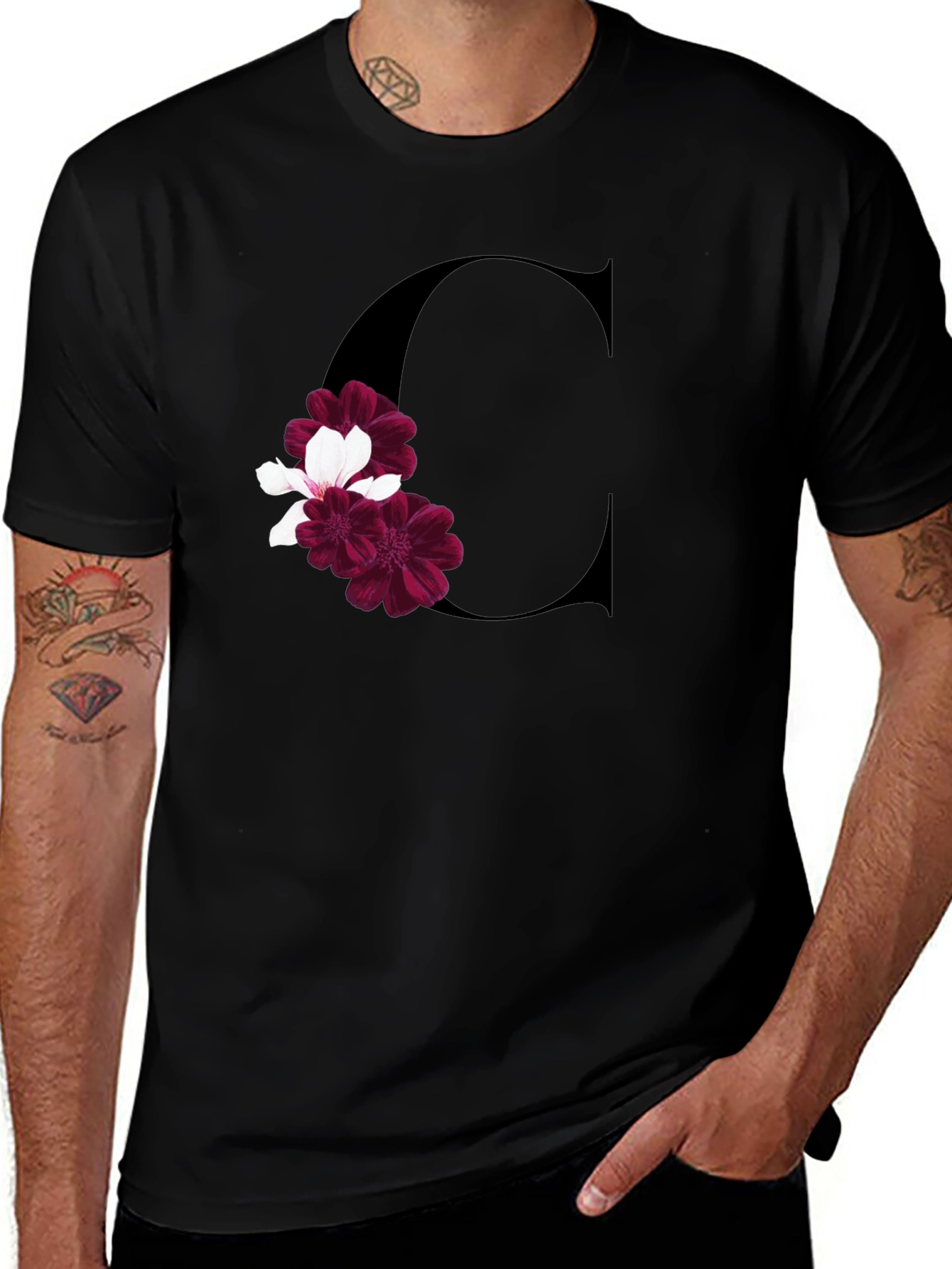 Letter C Floral Print Black T-Shirt