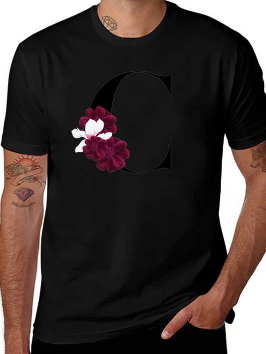 Letter C Floral Print Black T-Shirt