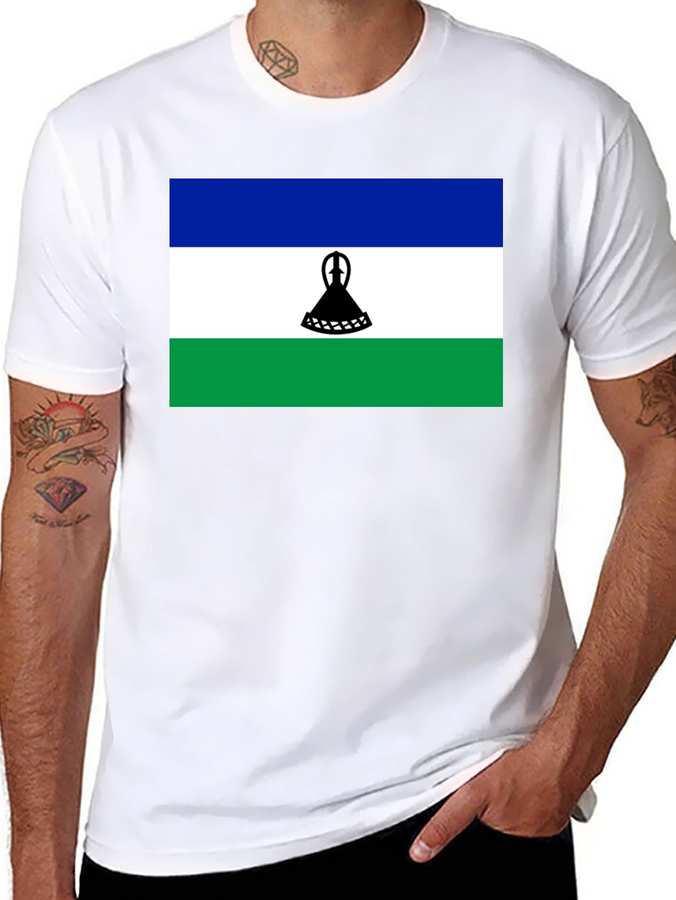 Lesotho Flag Graphic Tee - Black Cotton T-Shirt