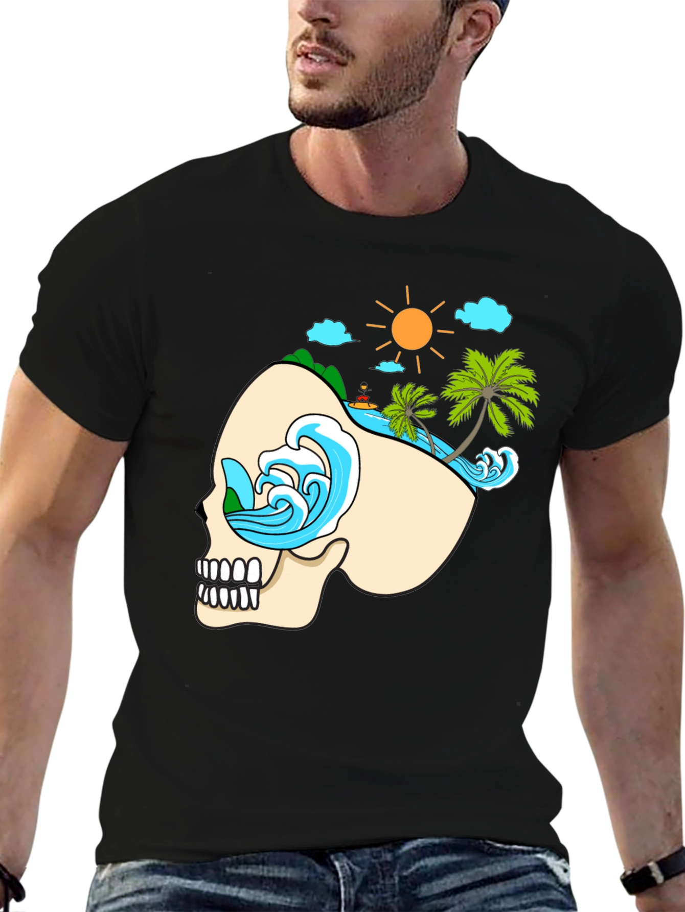 Skull Beach Graphic T-Shirt - Black