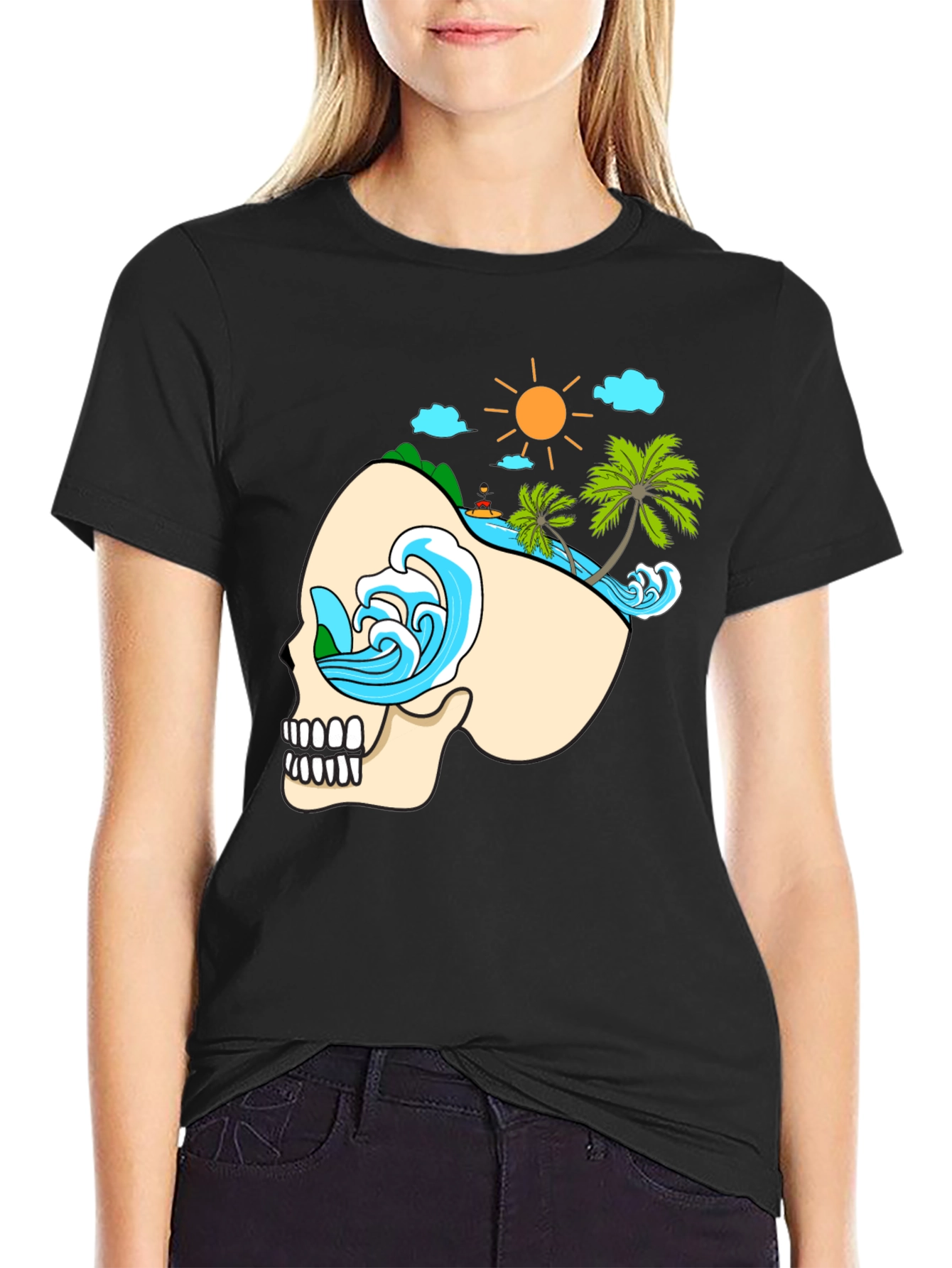 Skull Beach Graphic T-Shirt - Black