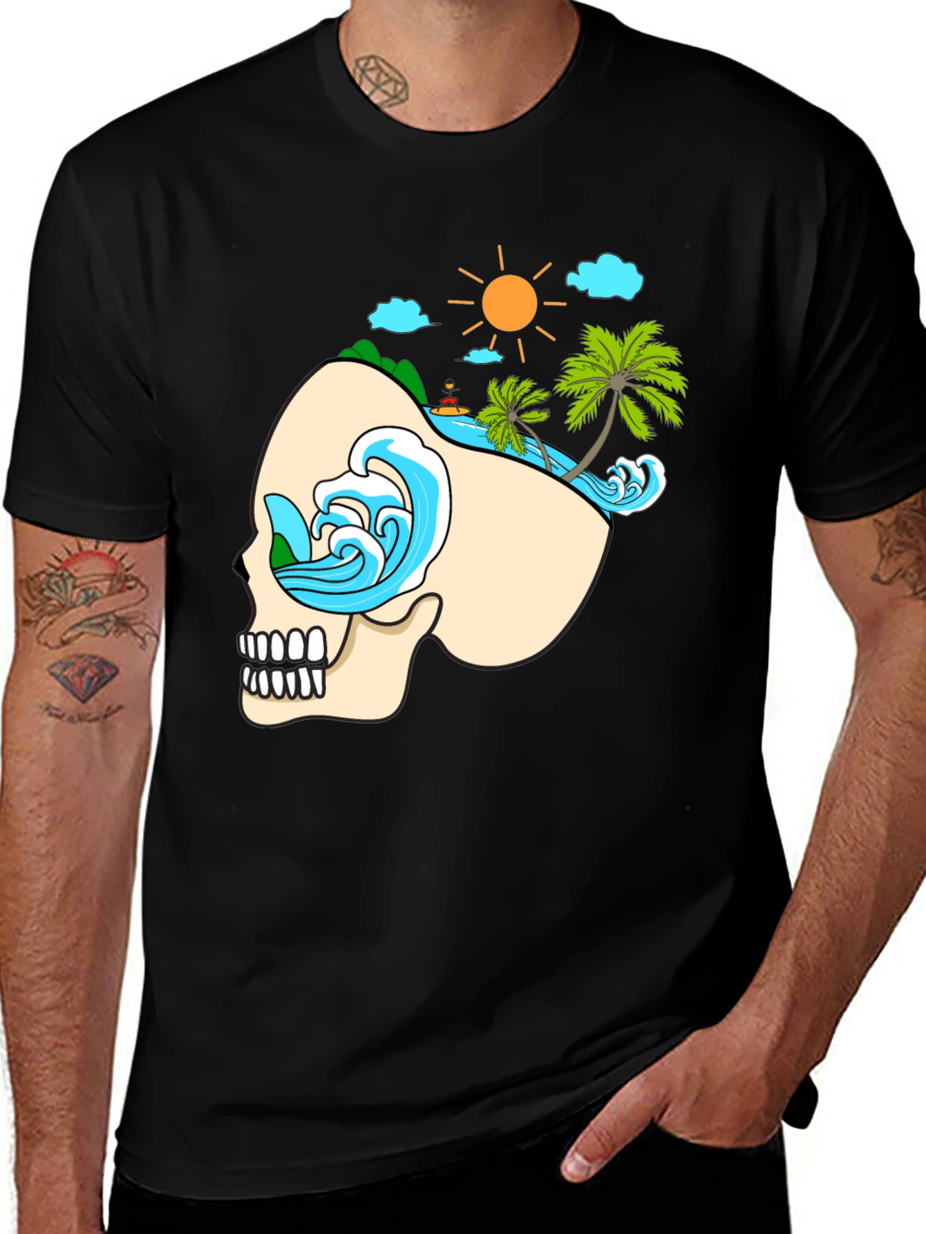 Skull Beach Graphic T-Shirt - Black