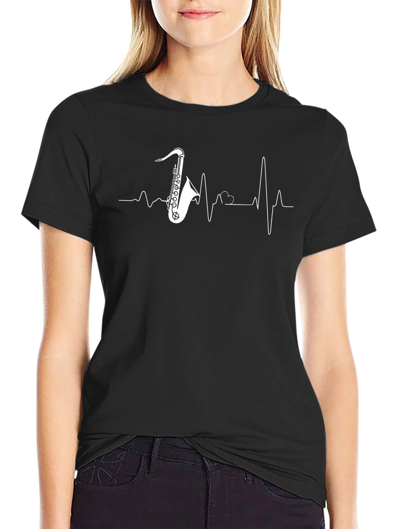 Saxophone Heartbeat Graphic Tee - Black