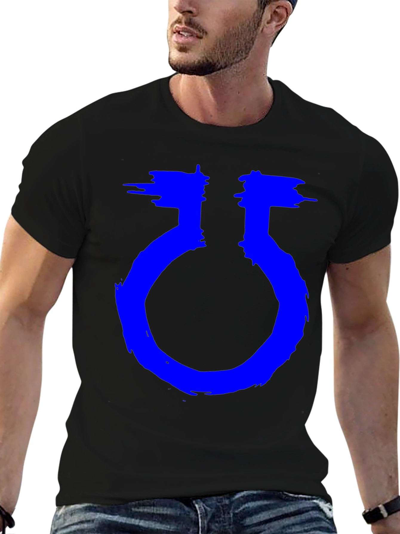 Unique Graphic Black T-Shirt with Blue Symbol
