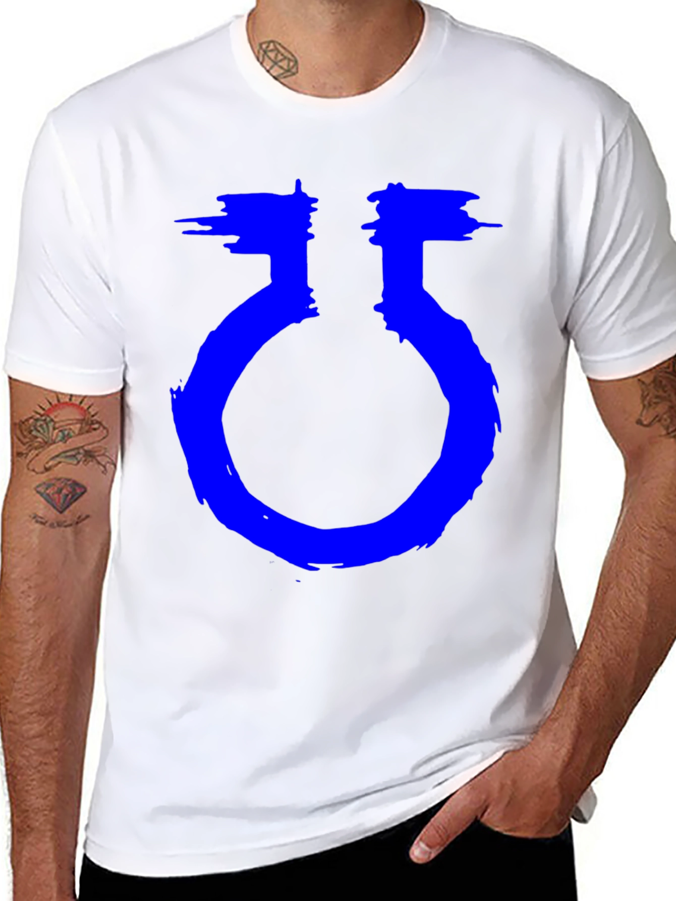 Unique Graphic Black T-Shirt with Blue Symbol
