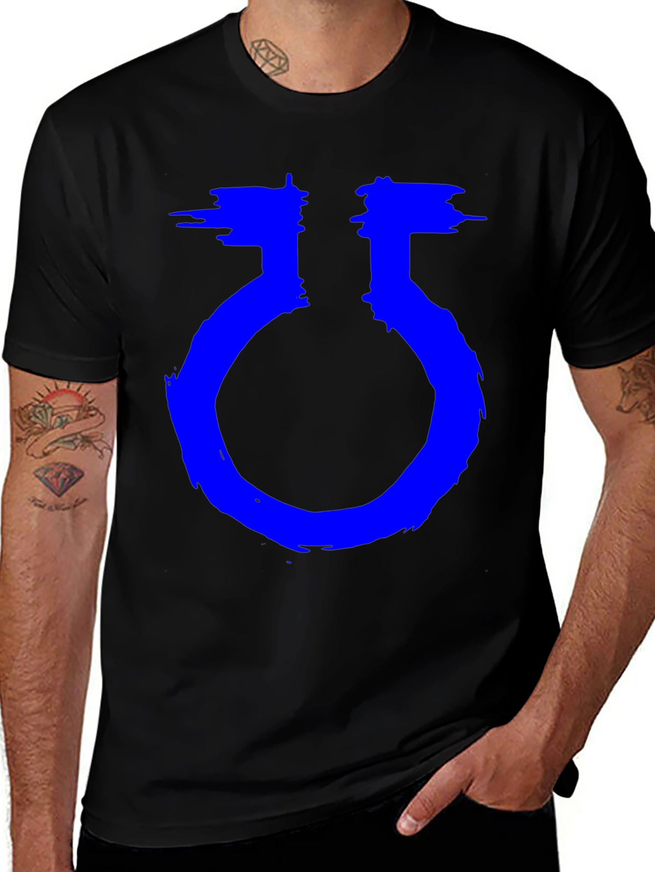 Unique Graphic Black T-Shirt with Blue Symbol