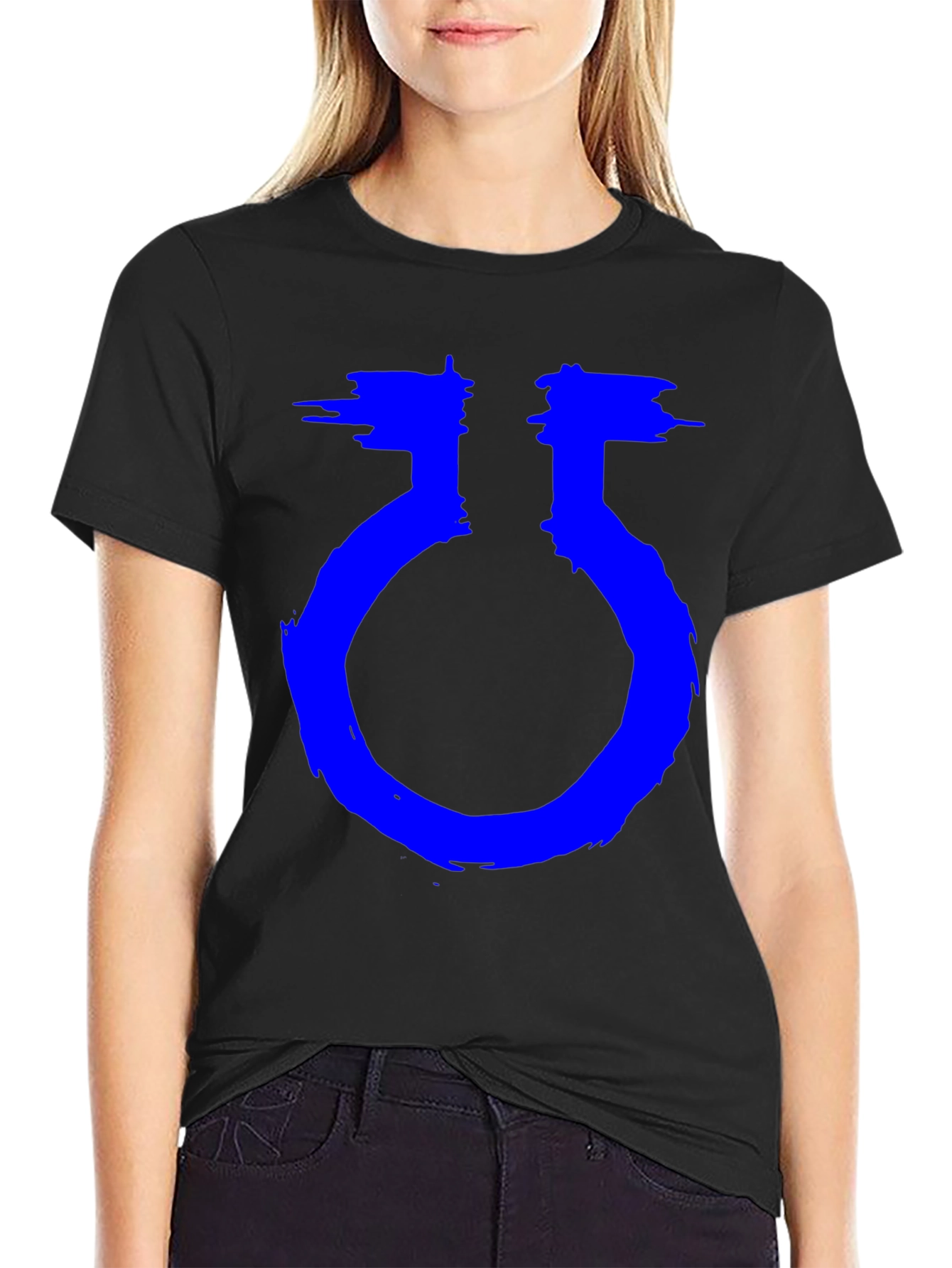 Unique Graphic Black T-Shirt with Blue Symbol