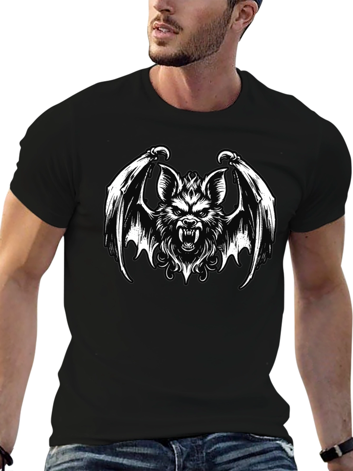 Mens Black T-Shirt - Bat Creature Graphic Tee