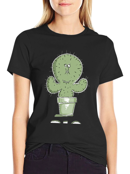 Cartoon Cactus in Pot Graphic Tee - Black