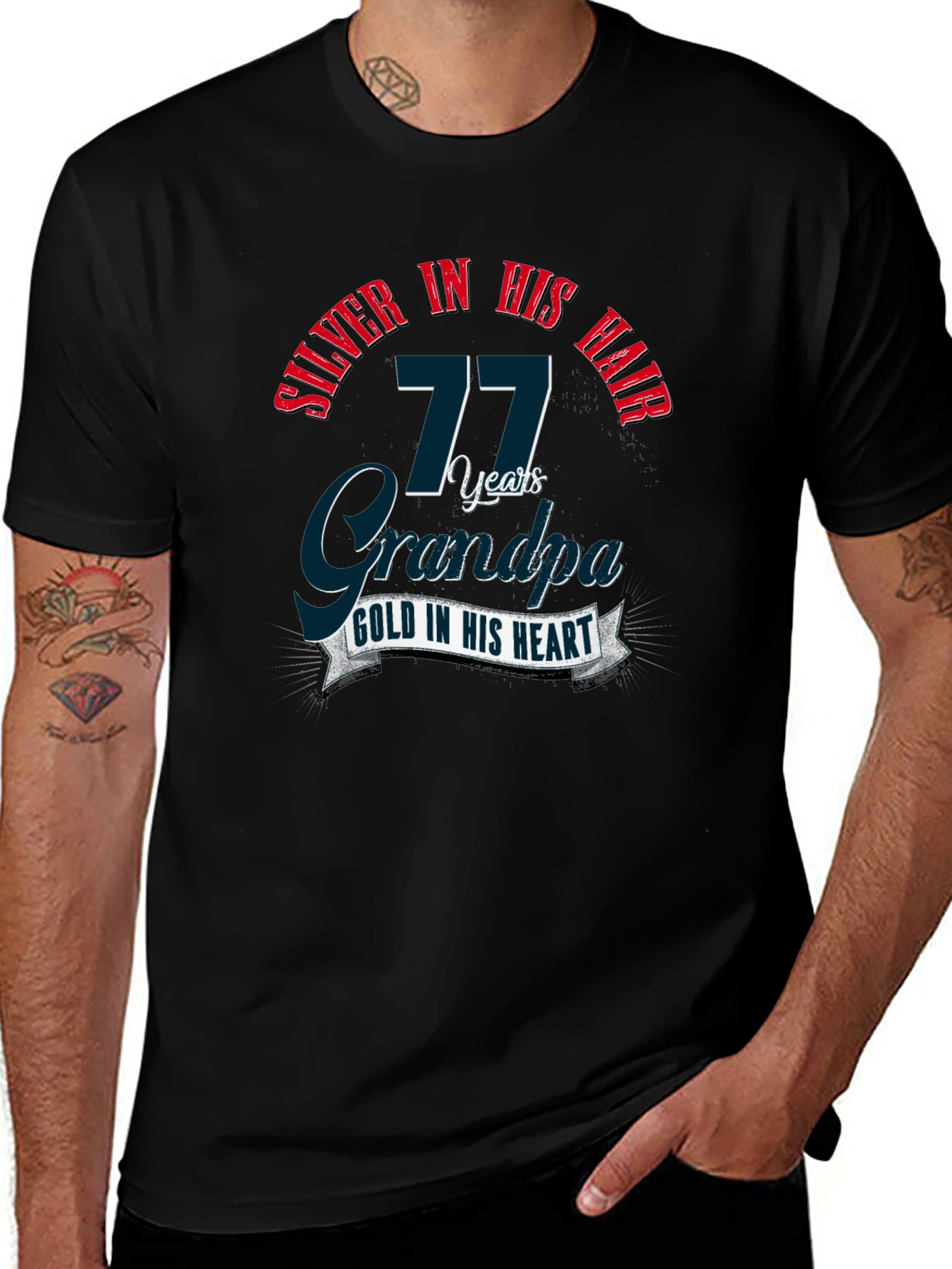 Silver in His Hair 77 Years Grandpa Black T-Shirt