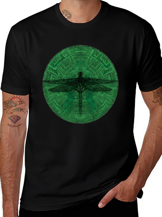 Dragonfly Green Circle Black T-Shirt