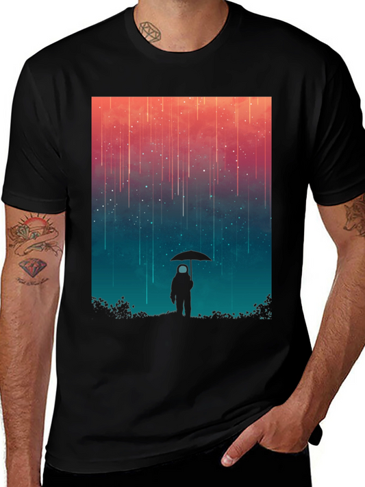 Astronaut Umbrella Graphic Tee - Stylish Black Cotton Shirt