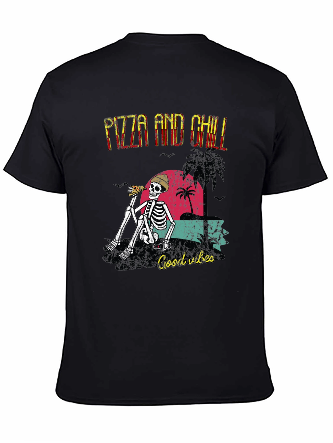 Pizza and Chill Skeleton Graphic T-Shirt
