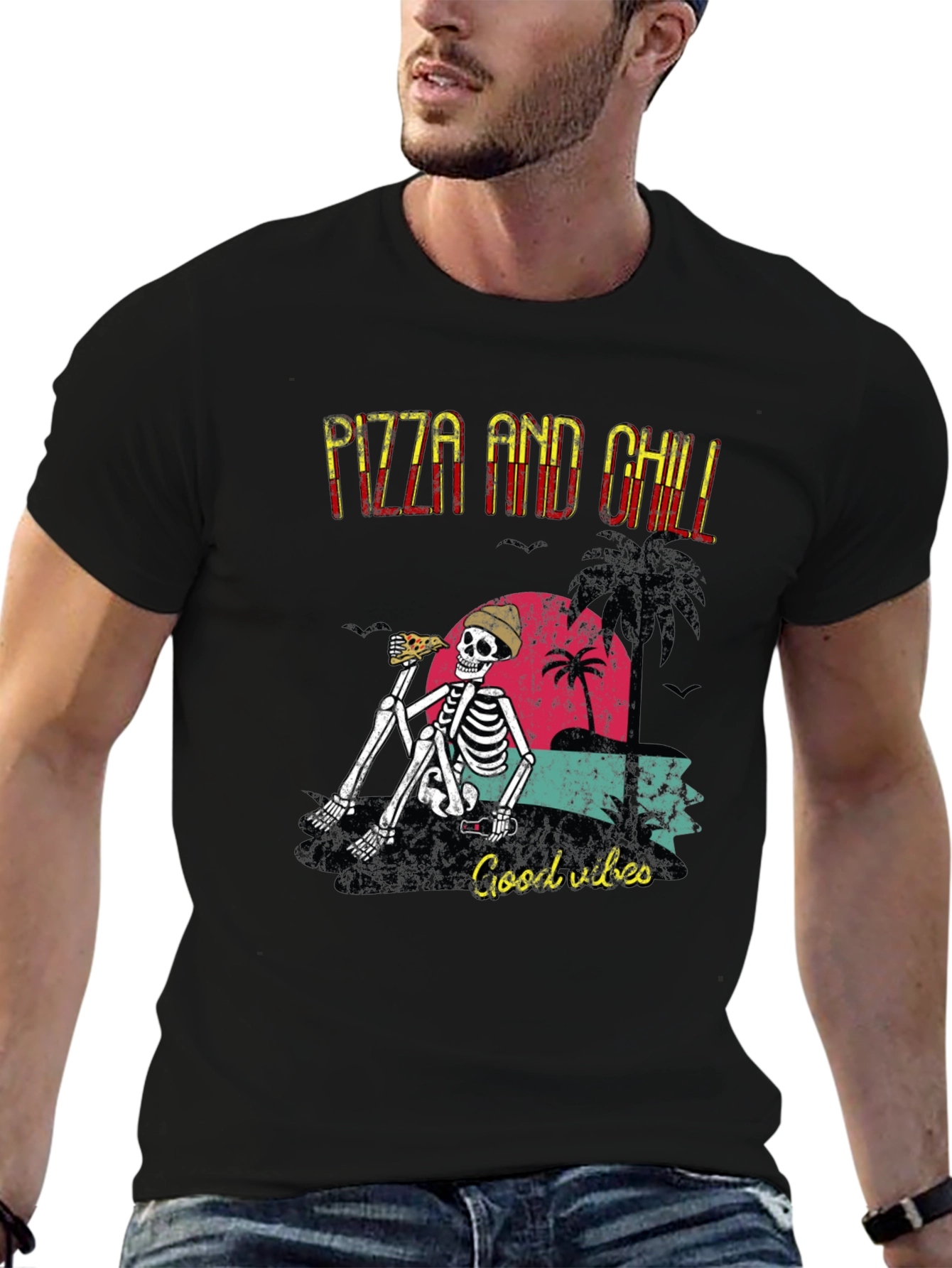Pizza and Chill Skeleton Graphic T-Shirt