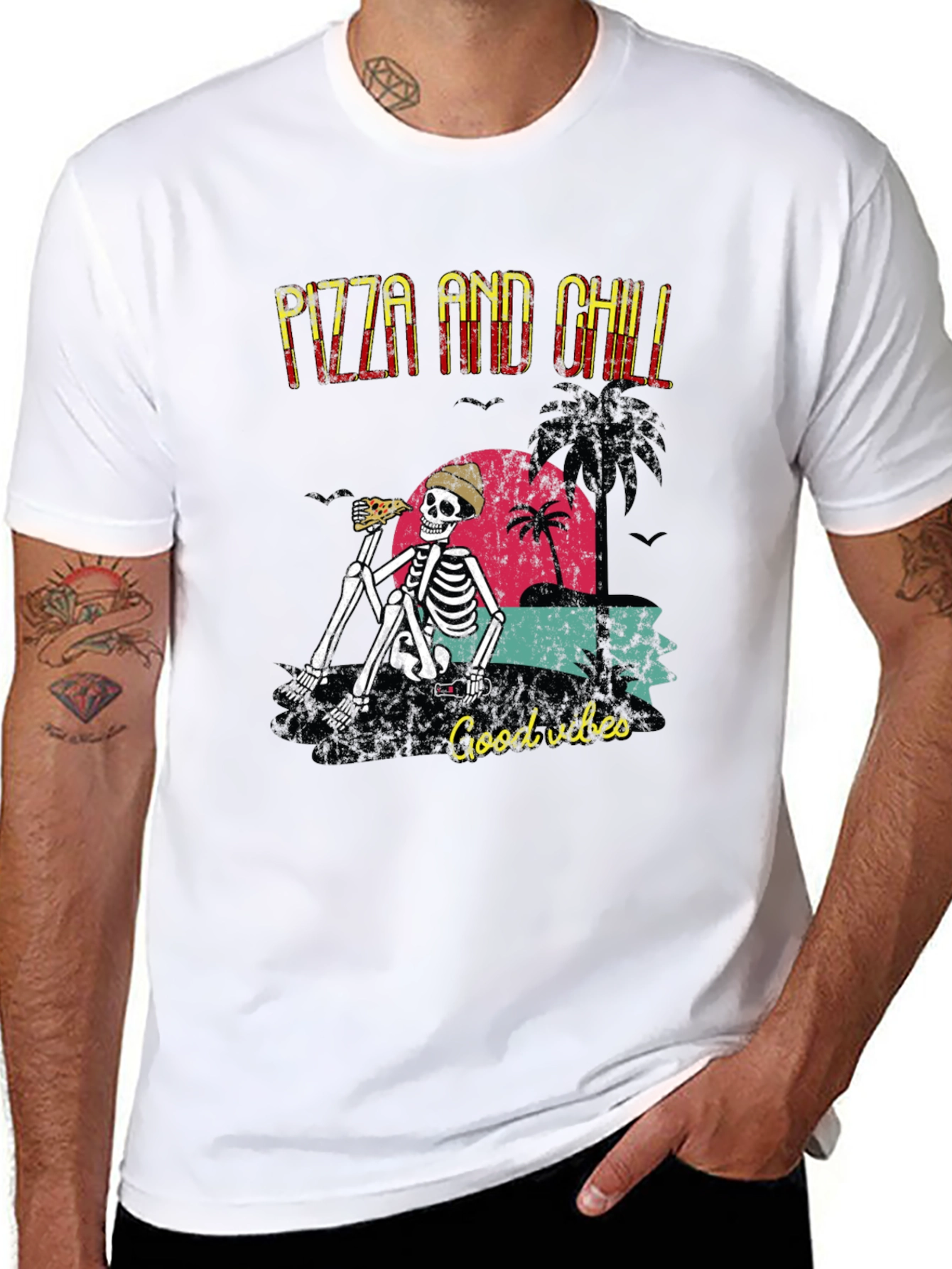Pizza and Chill Skeleton Graphic T-Shirt