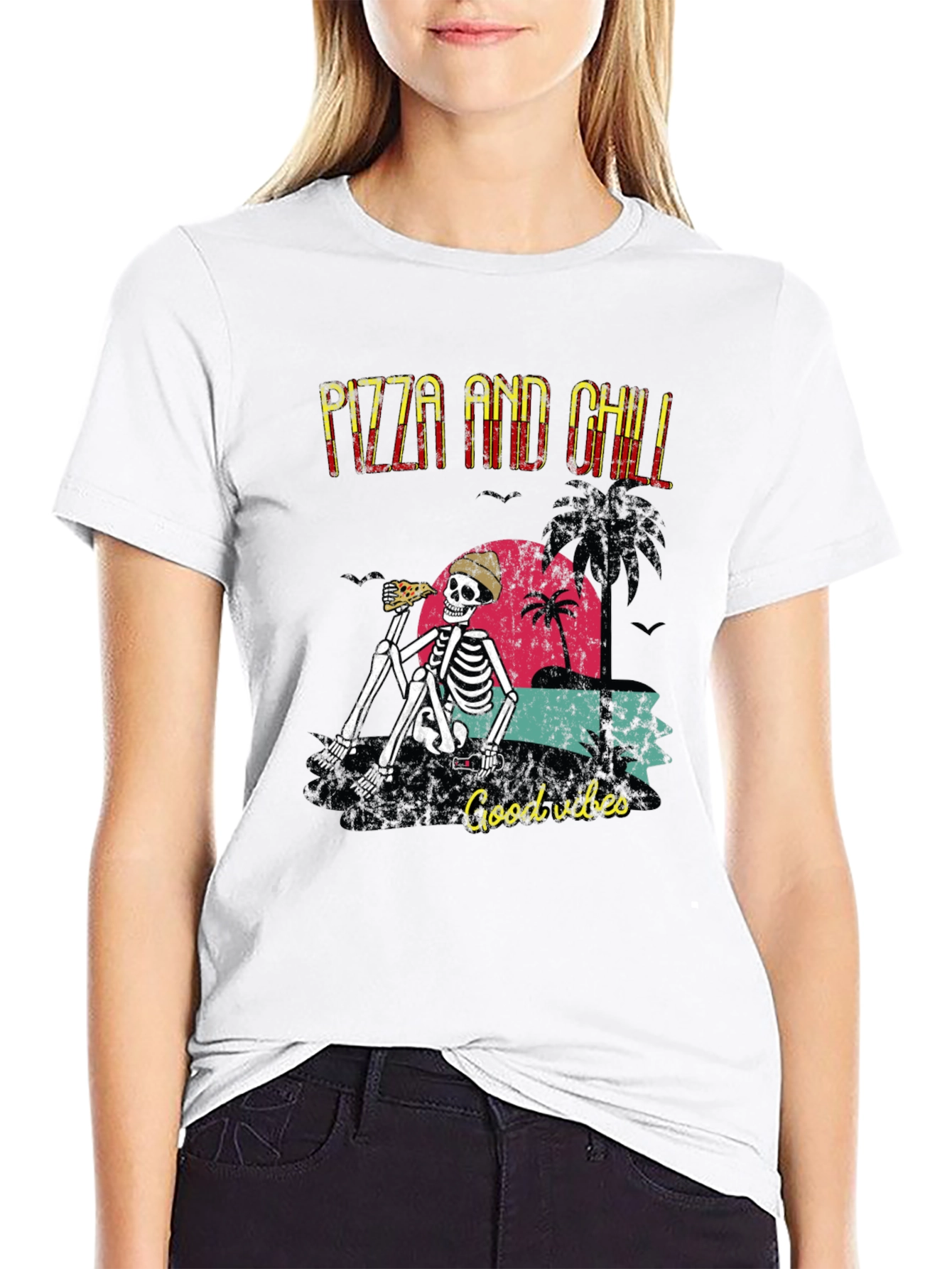 Pizza and Chill Skeleton Graphic T-Shirt