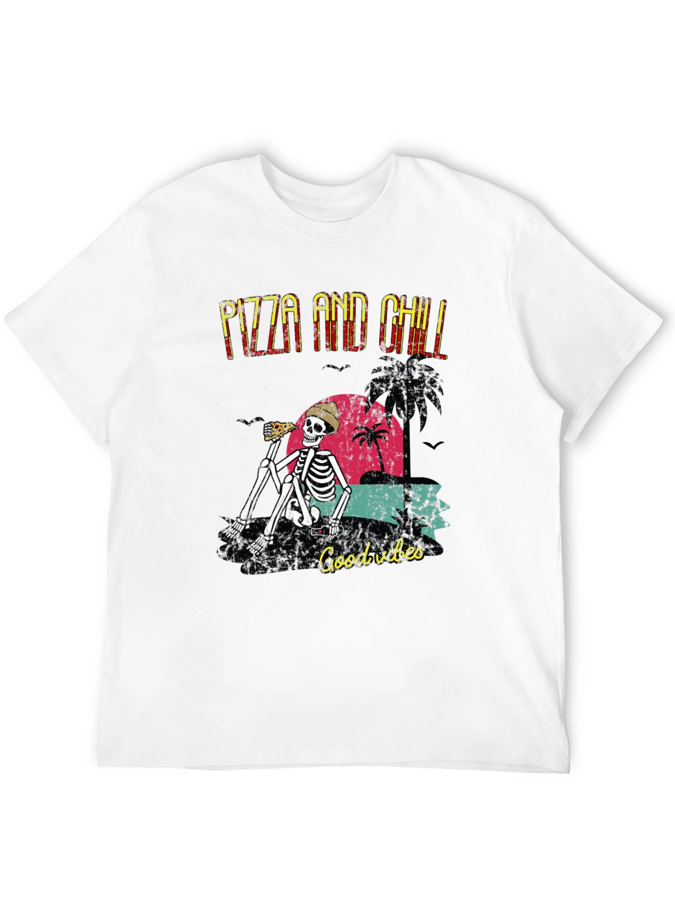 Pizza and Chill Skeleton Graphic T-Shirt