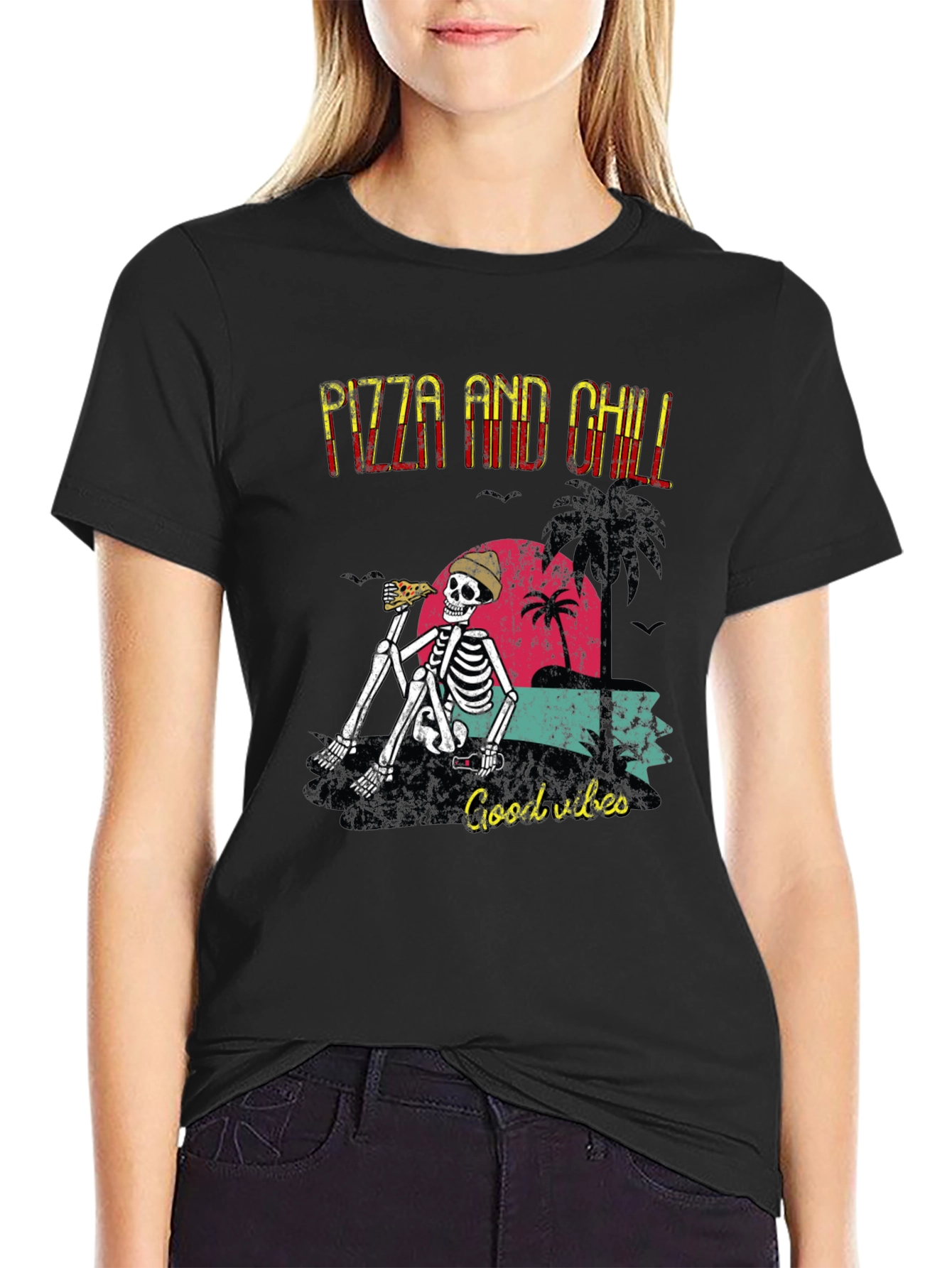 Pizza and Chill Skeleton Graphic T-Shirt