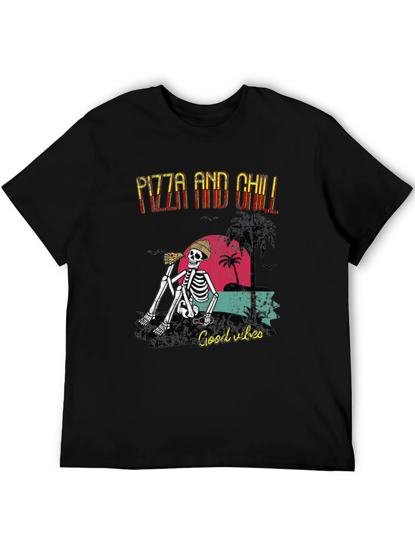Pizza and Chill Skeleton Graphic T-Shirt