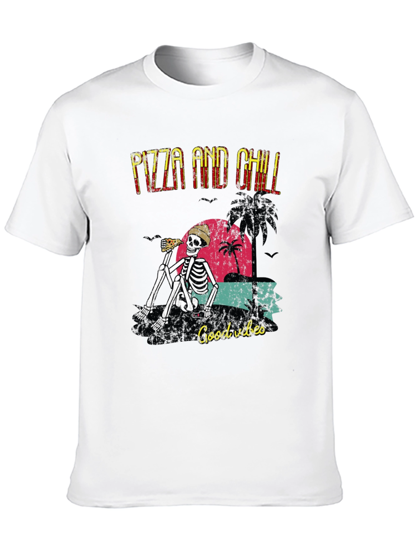 Pizza and Chill Skeleton Graphic T-Shirt