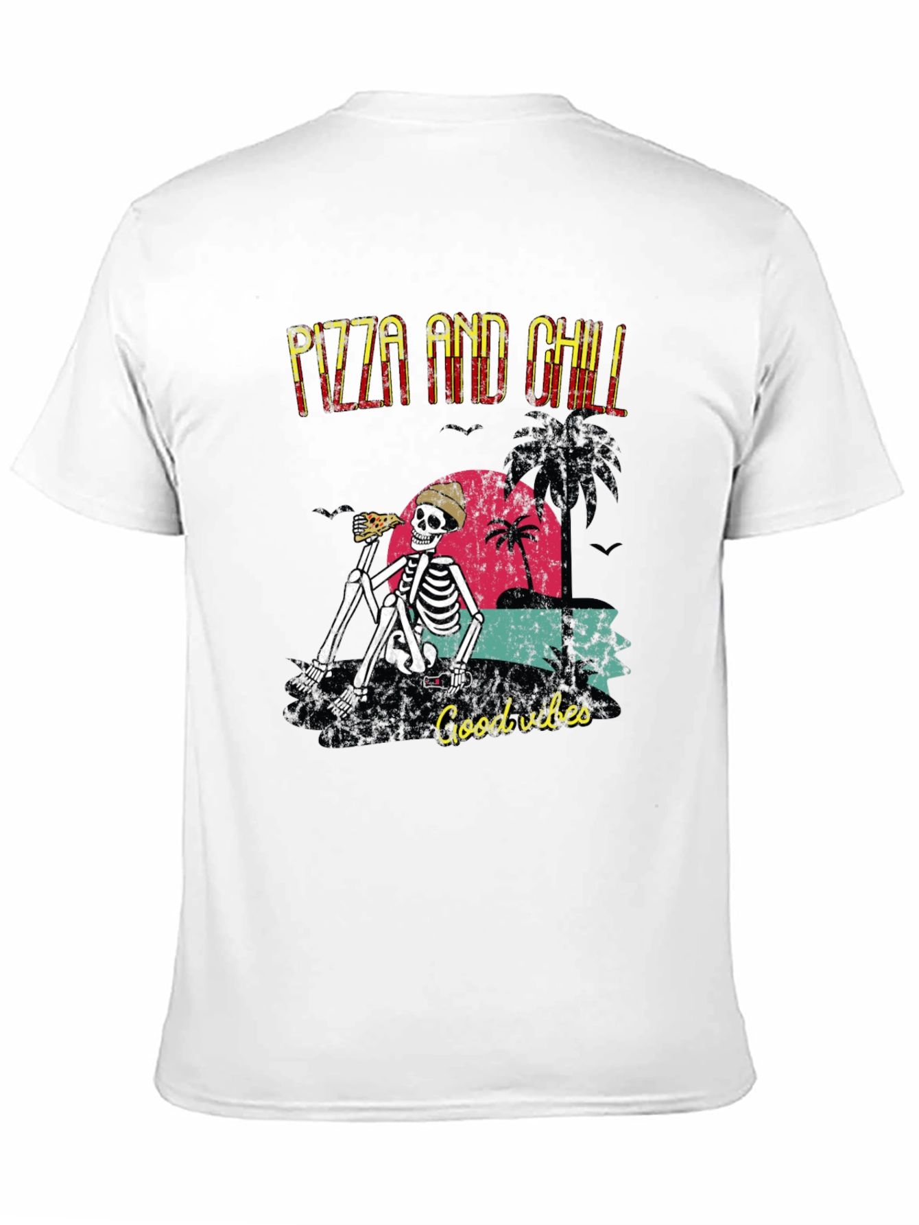 Pizza and Chill Skeleton Graphic T-Shirt