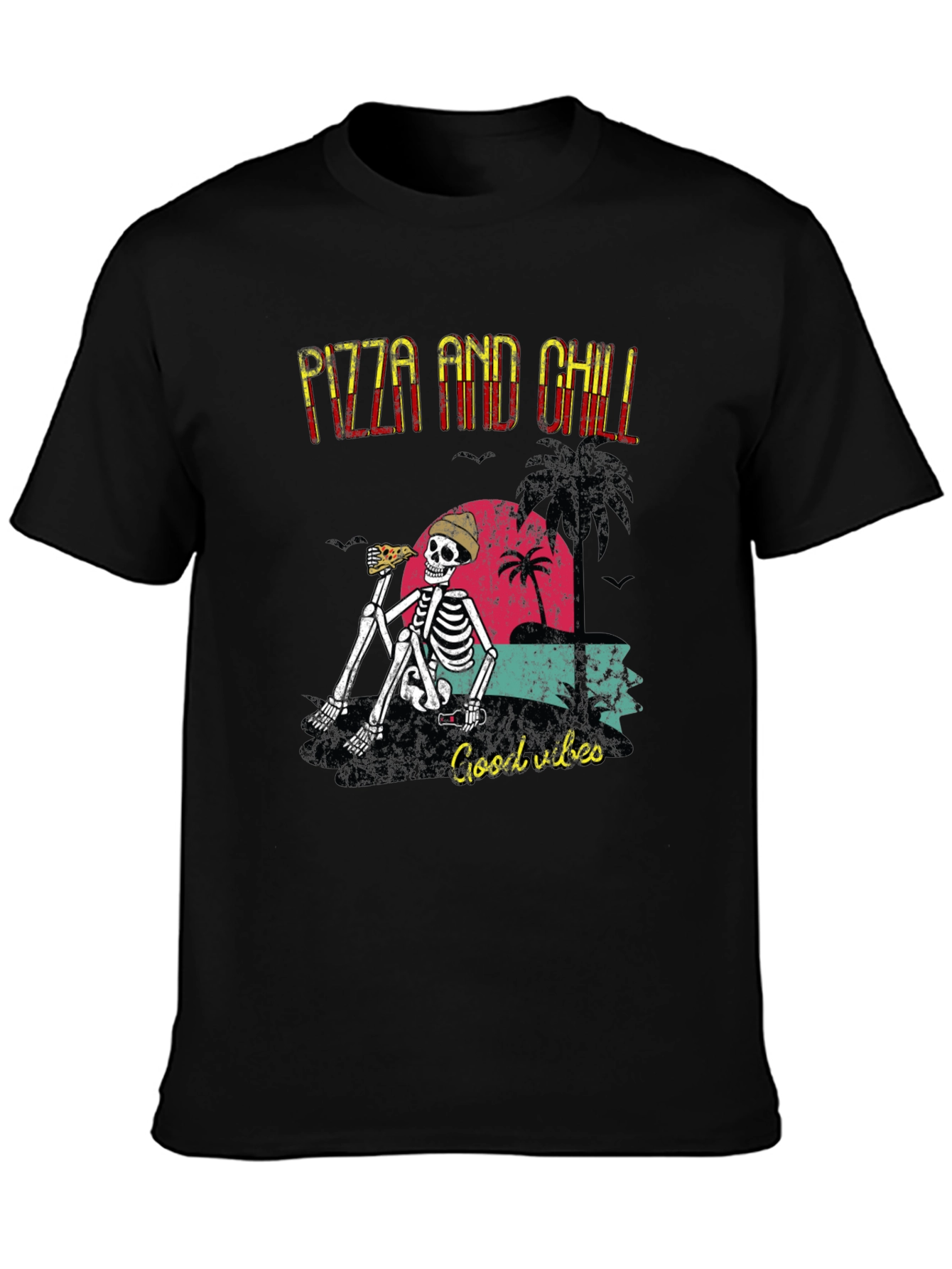 Pizza and Chill Skeleton Graphic T-Shirt