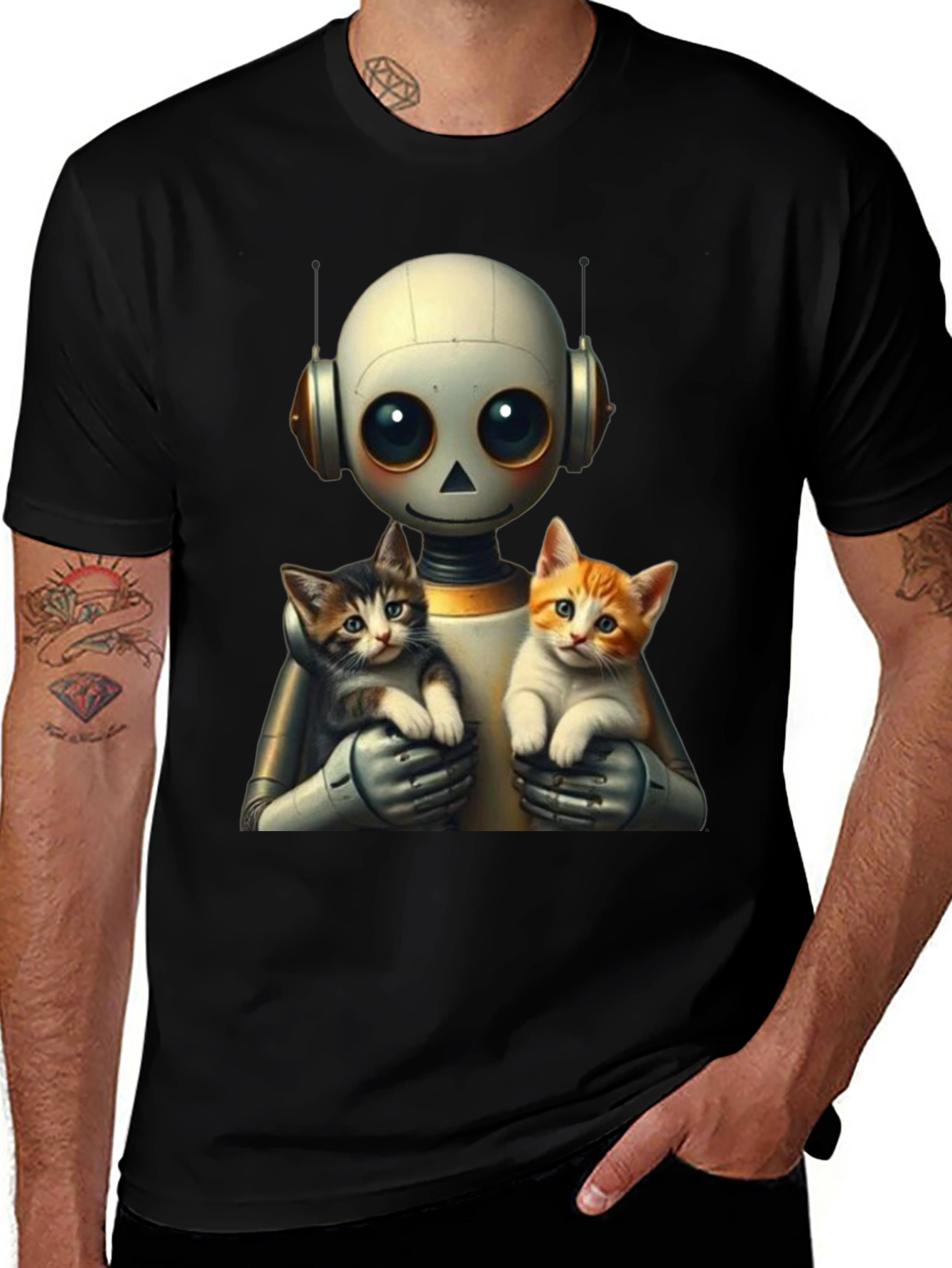 Robot Holding Cats Graphic T-Shirt