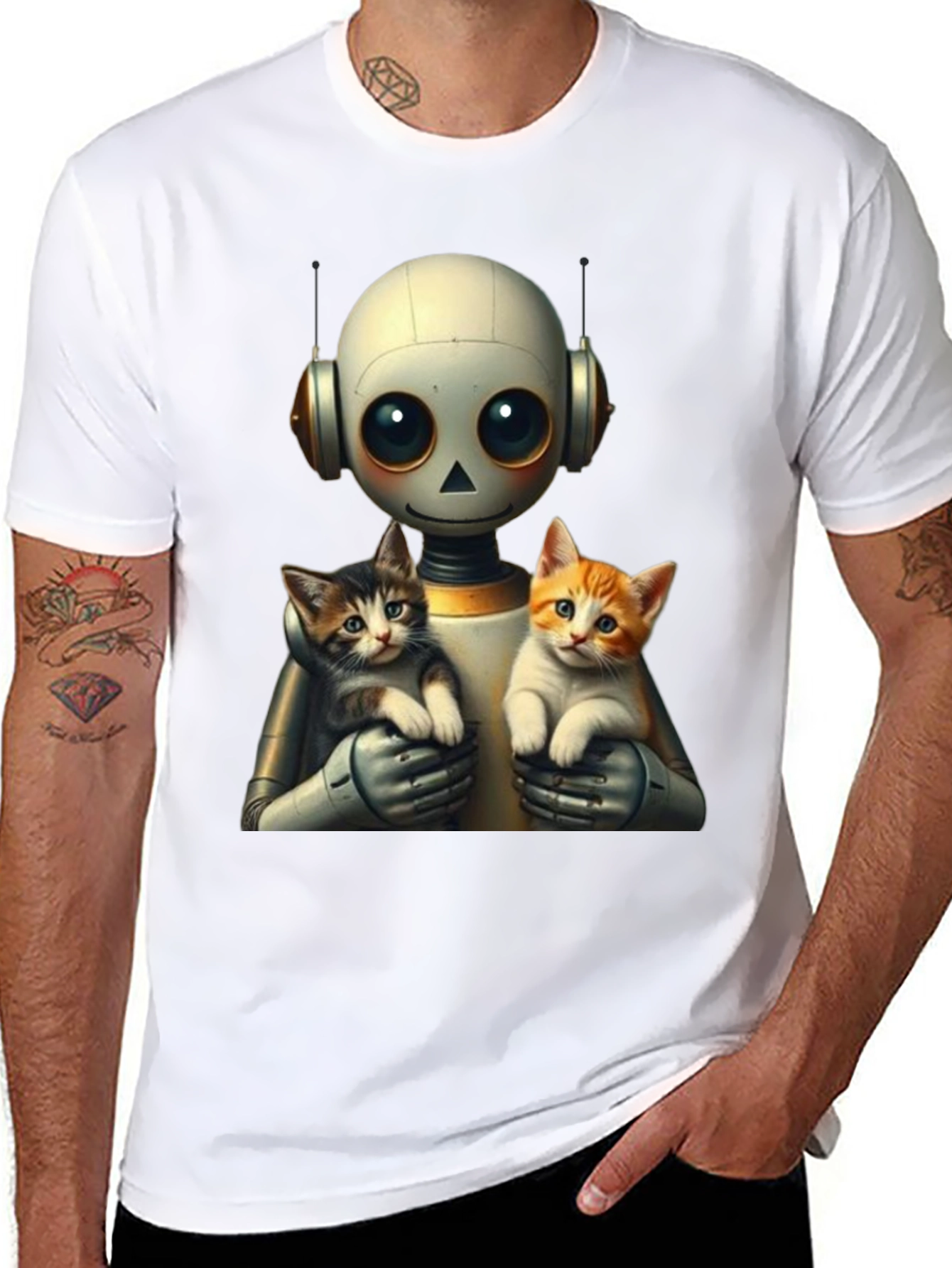 Robot Holding Cats Graphic T-Shirt