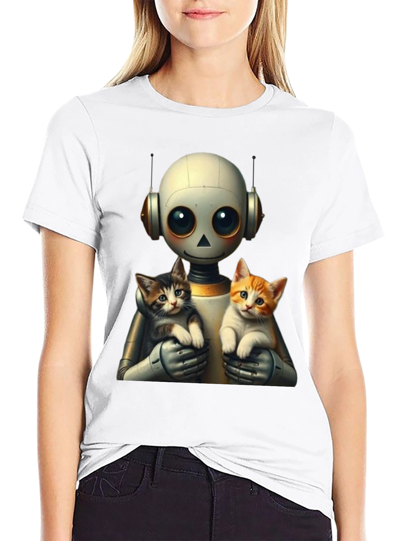 Robot Holding Cats Graphic T-Shirt