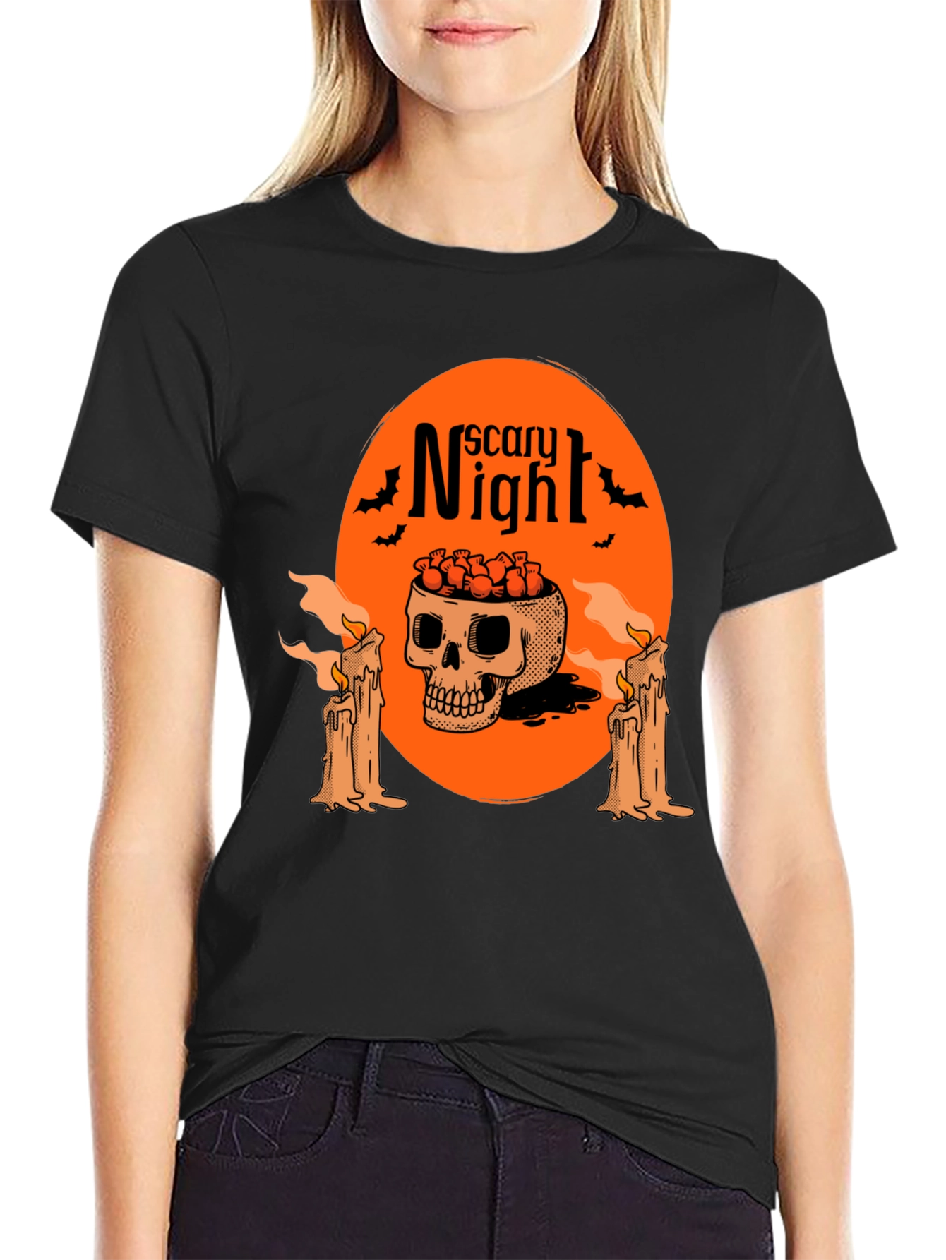 Scary Night Skull Graphic Tee - Halloween Style