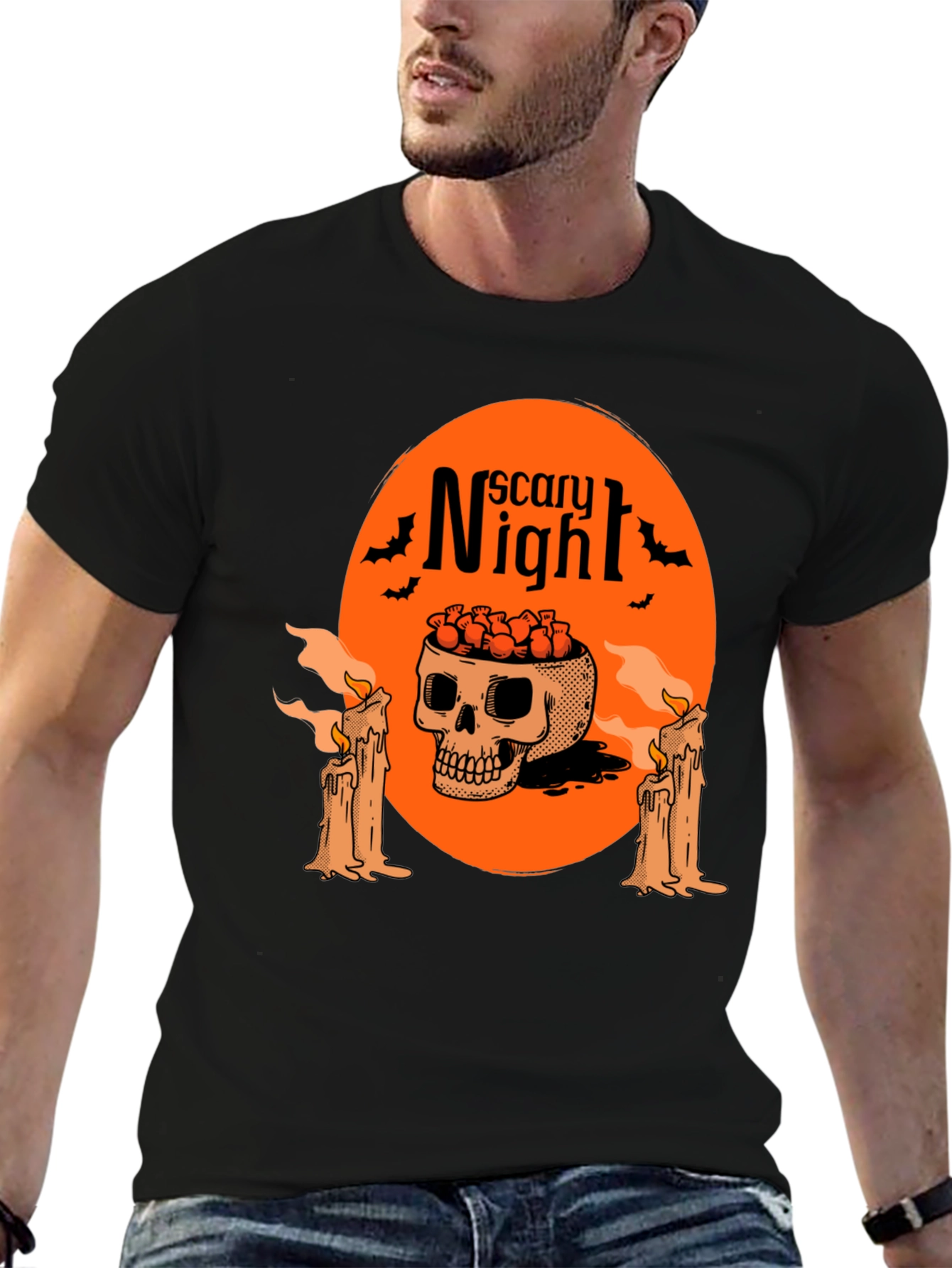 Scary Night Skull Graphic Tee - Halloween Style