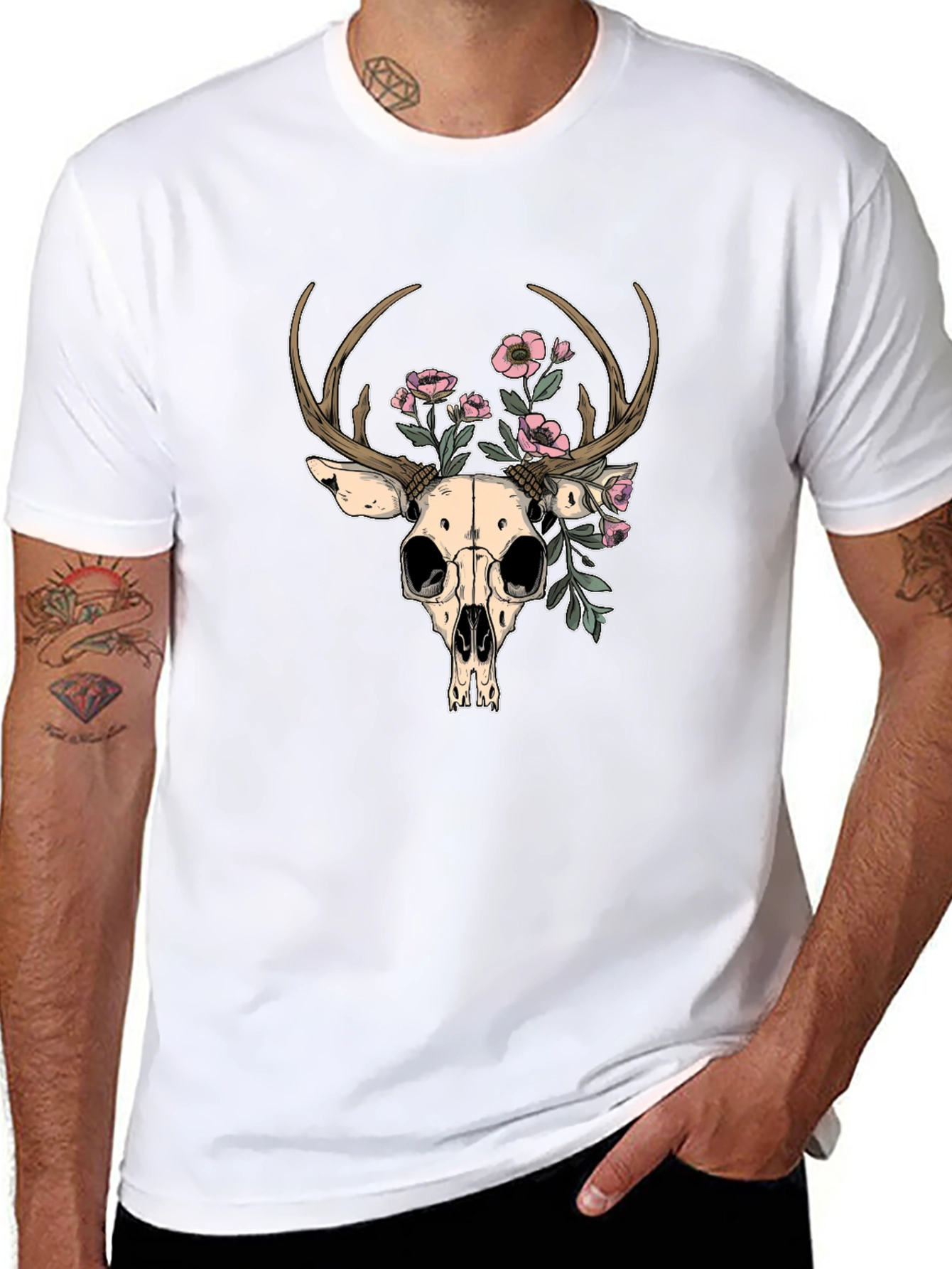 Deer Skull Floral Graphic T-Shirt