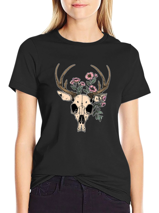 Deer Skull Floral Graphic T-Shirt