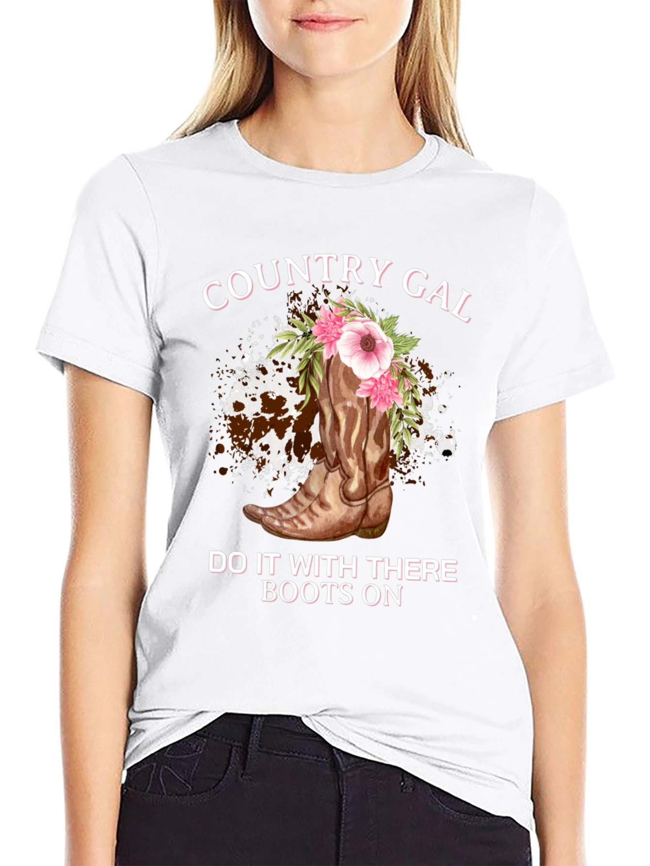 Country Gal Boots On Black T-Shirt