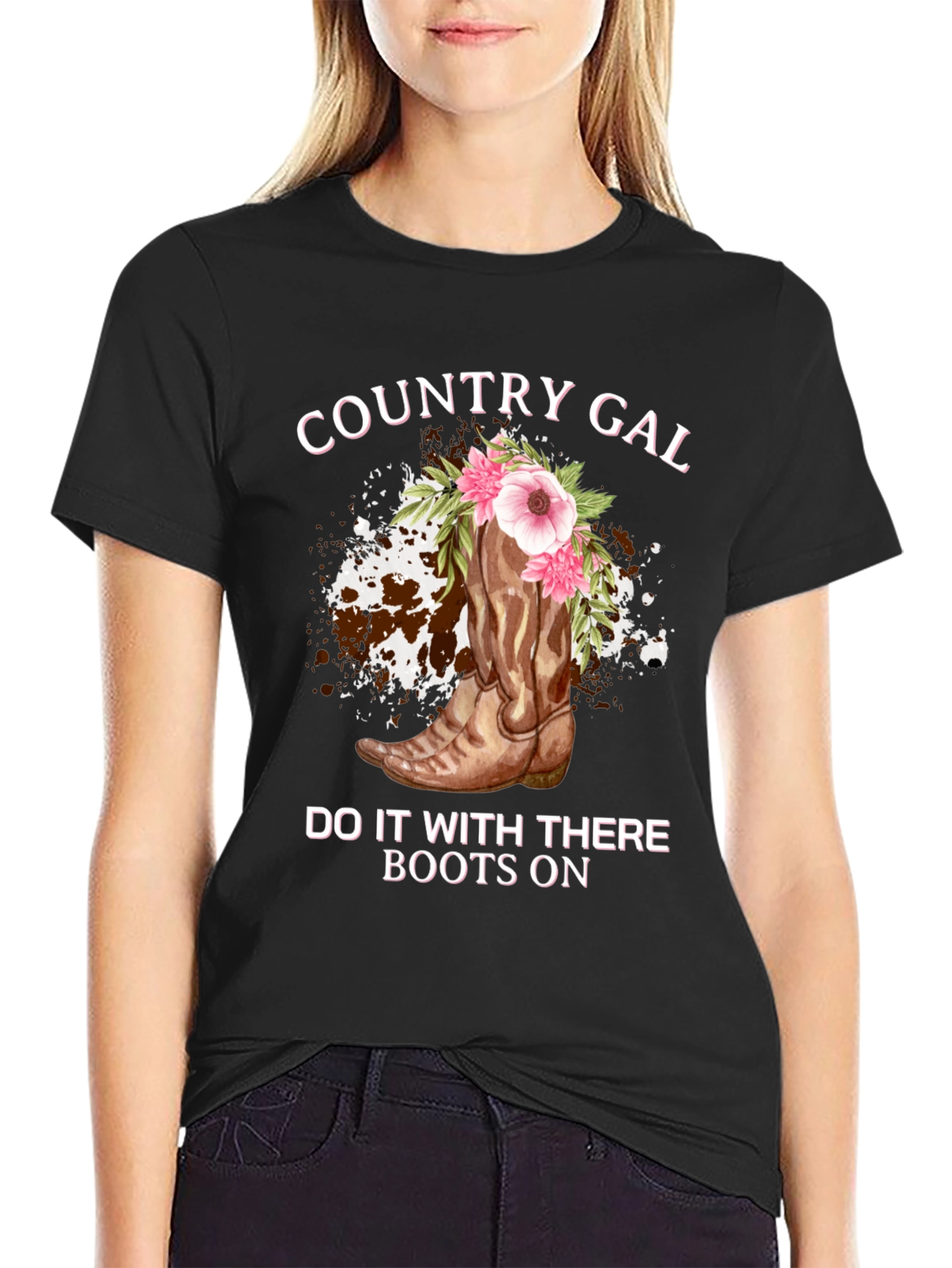 Country Gal Boots On Black T-Shirt