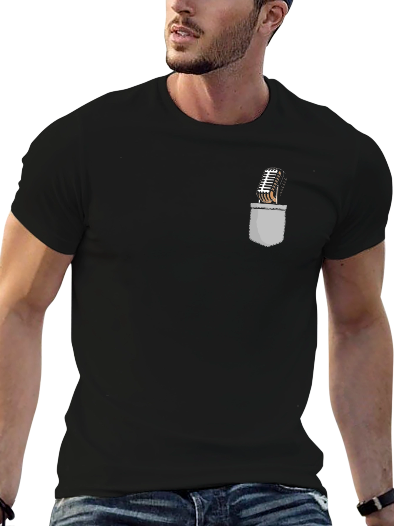 Retro Microphone Pocket Print Black T-Shirt